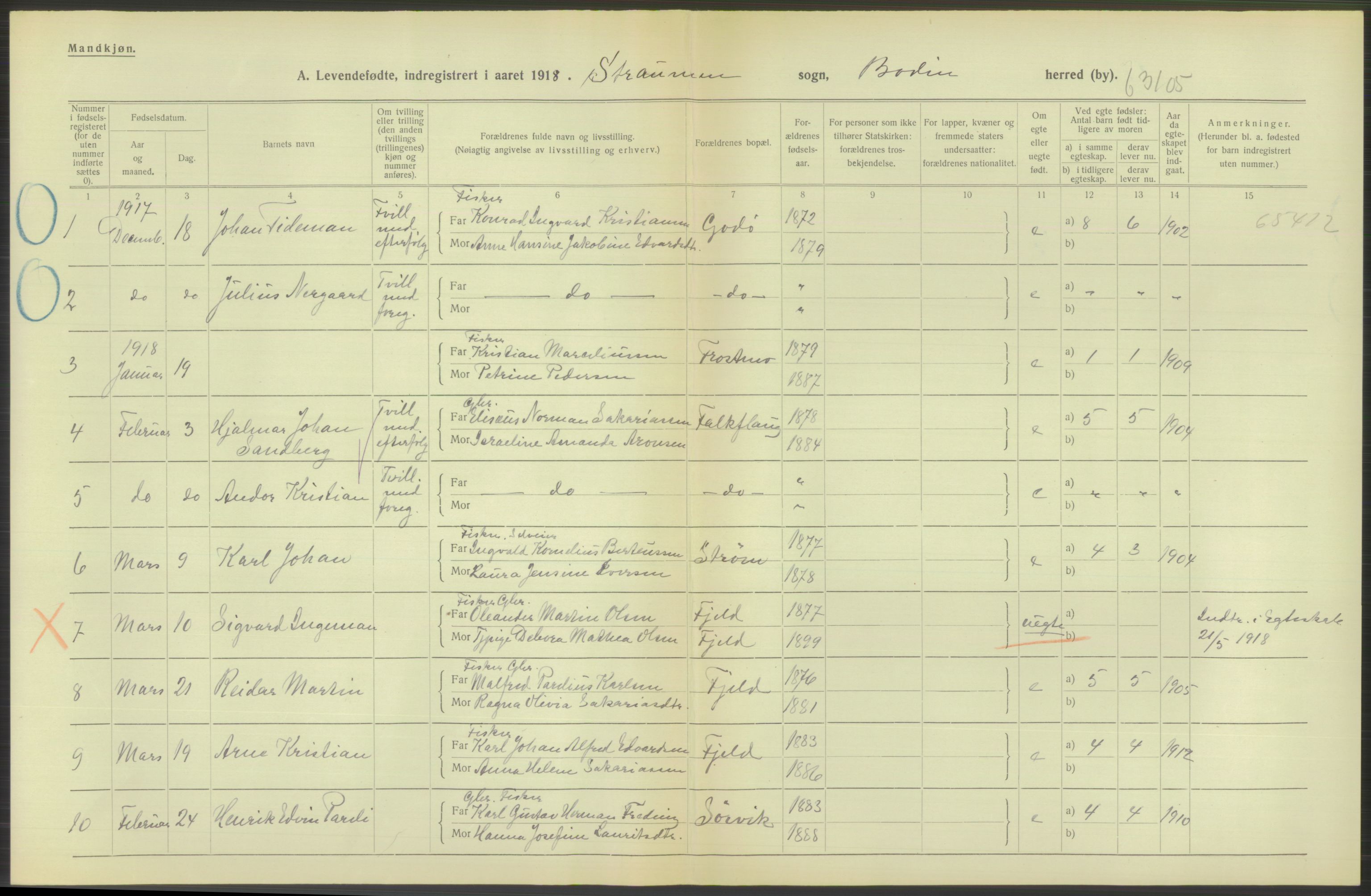 Statistisk sentralbyrå, Sosiodemografiske emner, Befolkning, AV/RA-S-2228/D/Df/Dfb/Dfbh/L0052: Nordland fylke: Levendefødte menn og kvinner. Bygder., 1918, p. 536