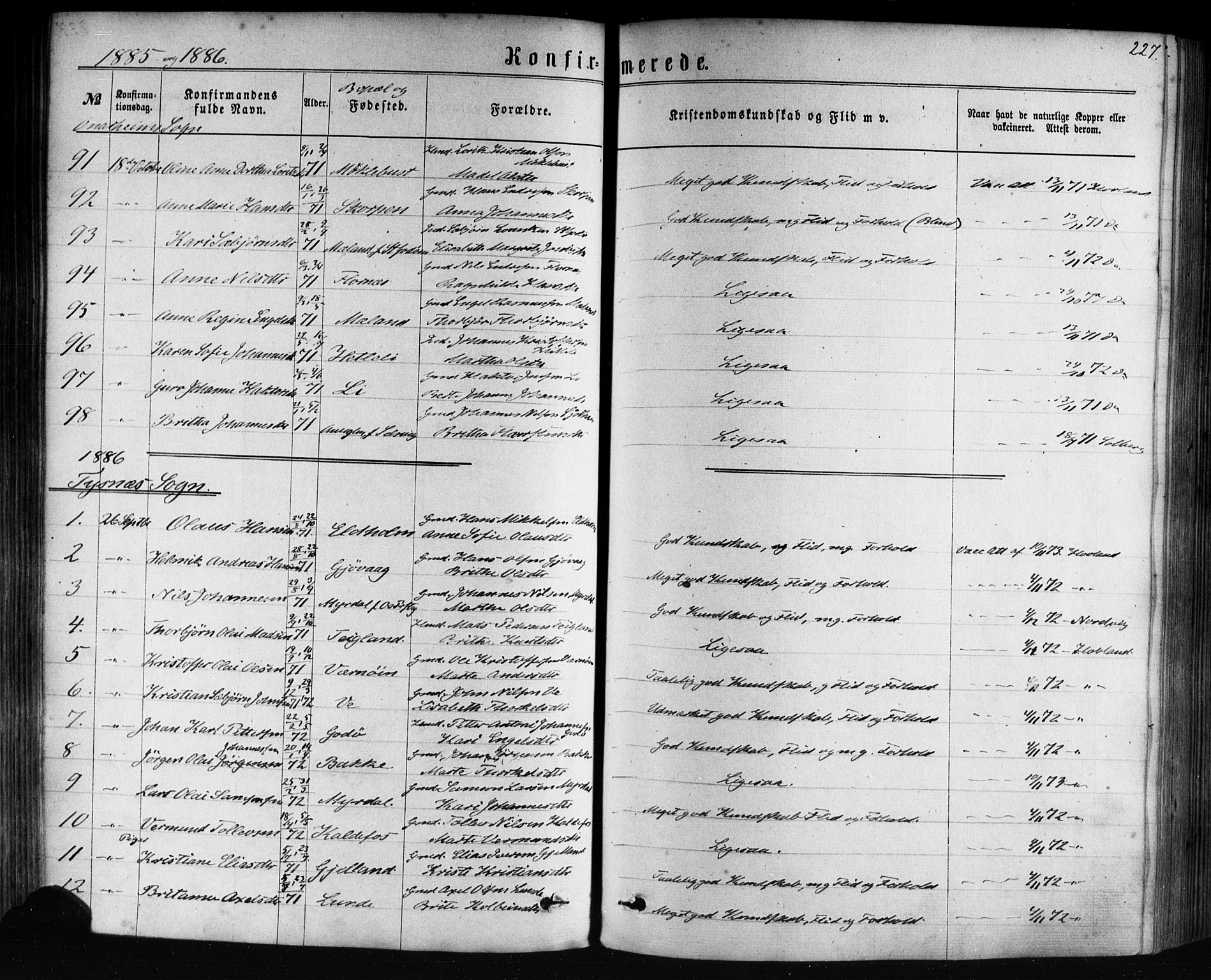 Tysnes sokneprestembete, SAB/A-78601/H/Haa: Parish register (official) no. A 12, 1872-1886, p. 227