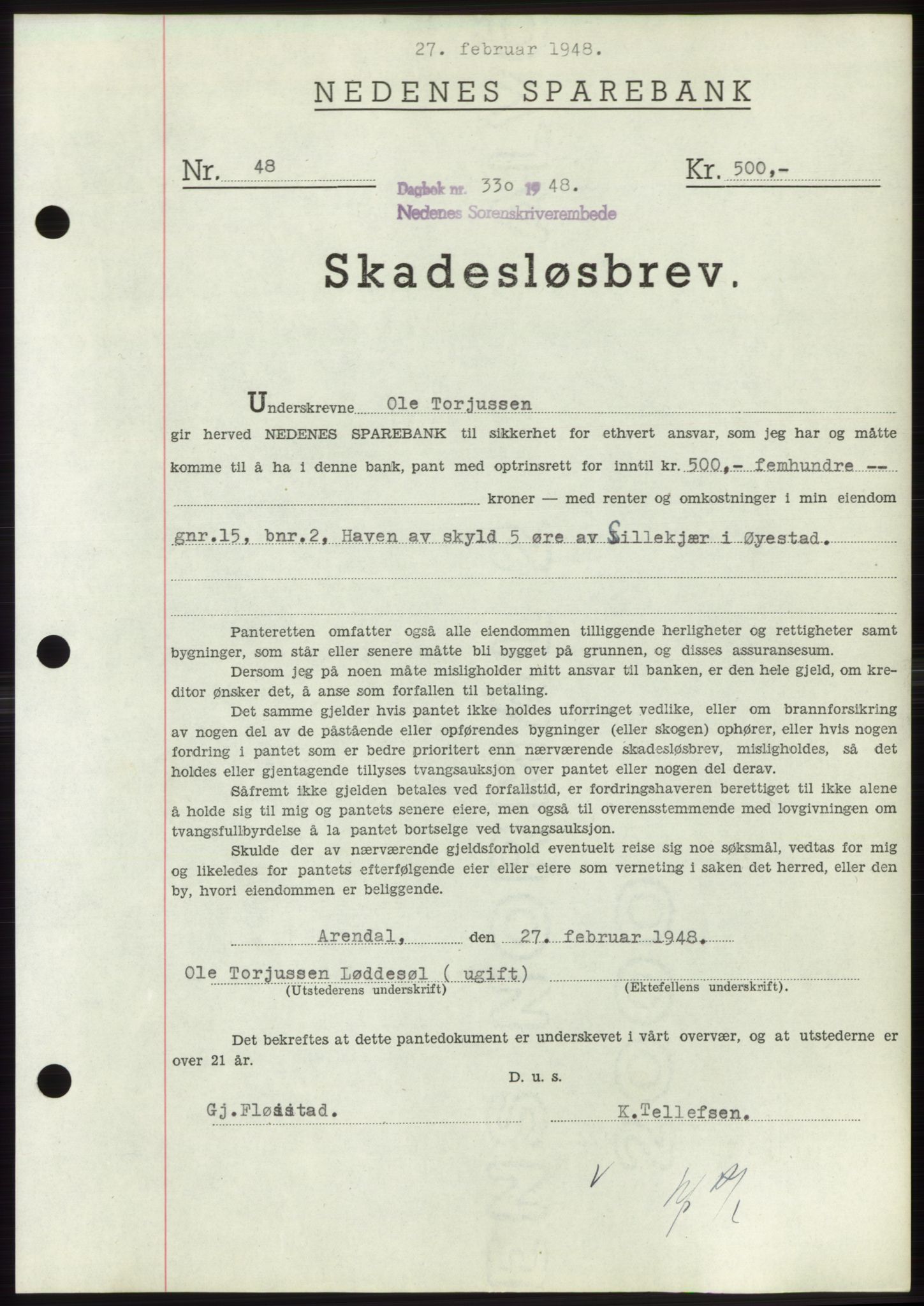 Nedenes sorenskriveri, AV/SAK-1221-0006/G/Gb/Gbb/L0005: Mortgage book no. B5, 1948-1948, Diary no: : 330/1948