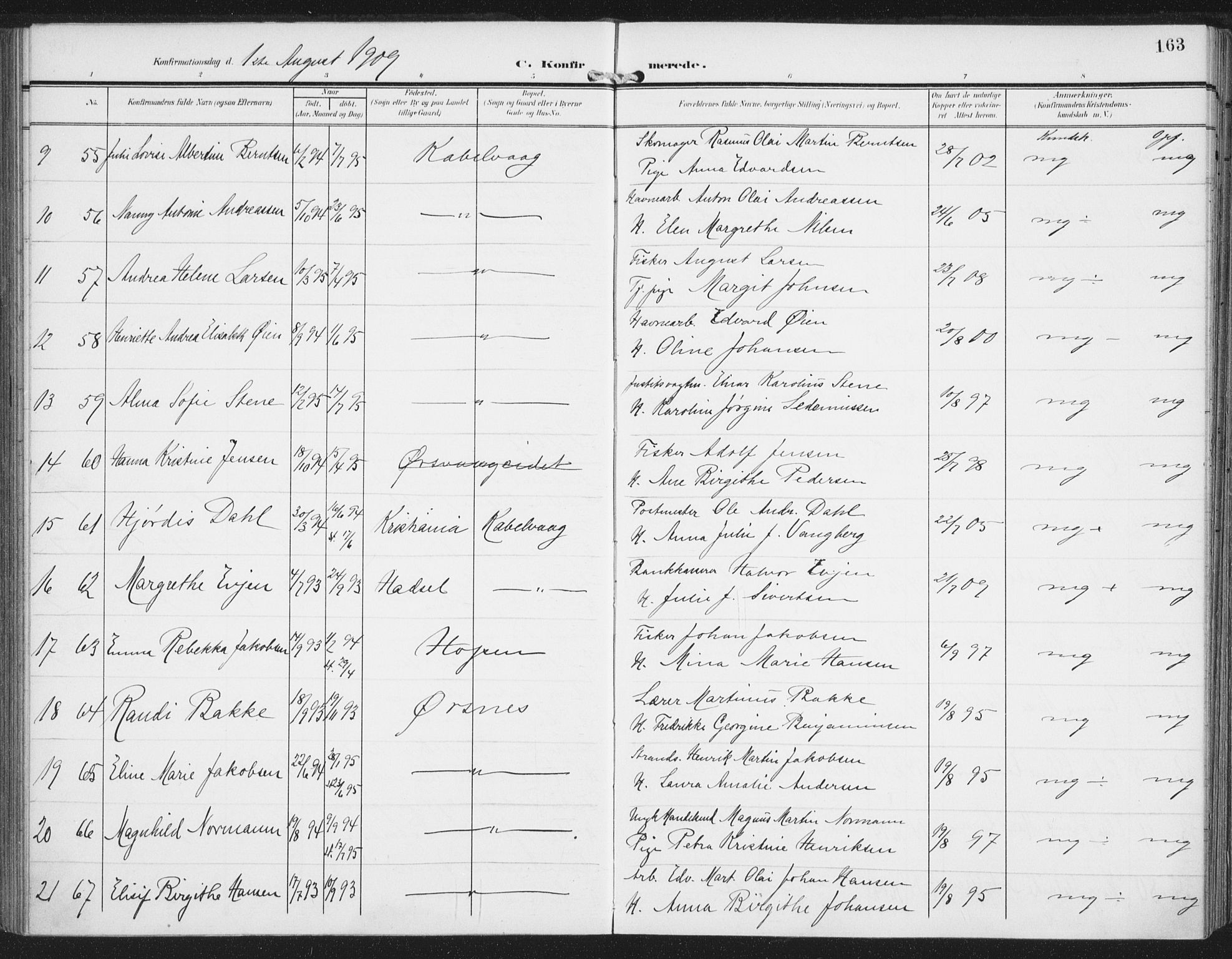 Ministerialprotokoller, klokkerbøker og fødselsregistre - Nordland, AV/SAT-A-1459/874/L1063: Parish register (official) no. 874A07, 1907-1915, p. 163