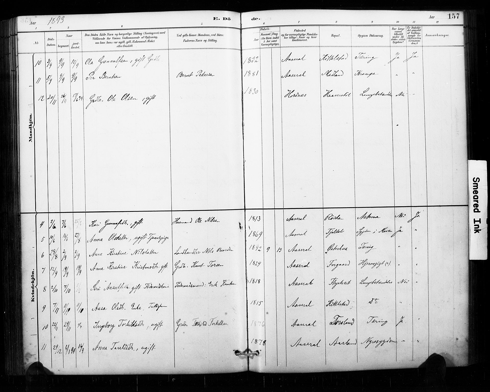 Åseral sokneprestkontor, AV/SAK-1111-0051/F/Fa/L0003: Parish register (official) no. A 3, 1884-1901, p. 157