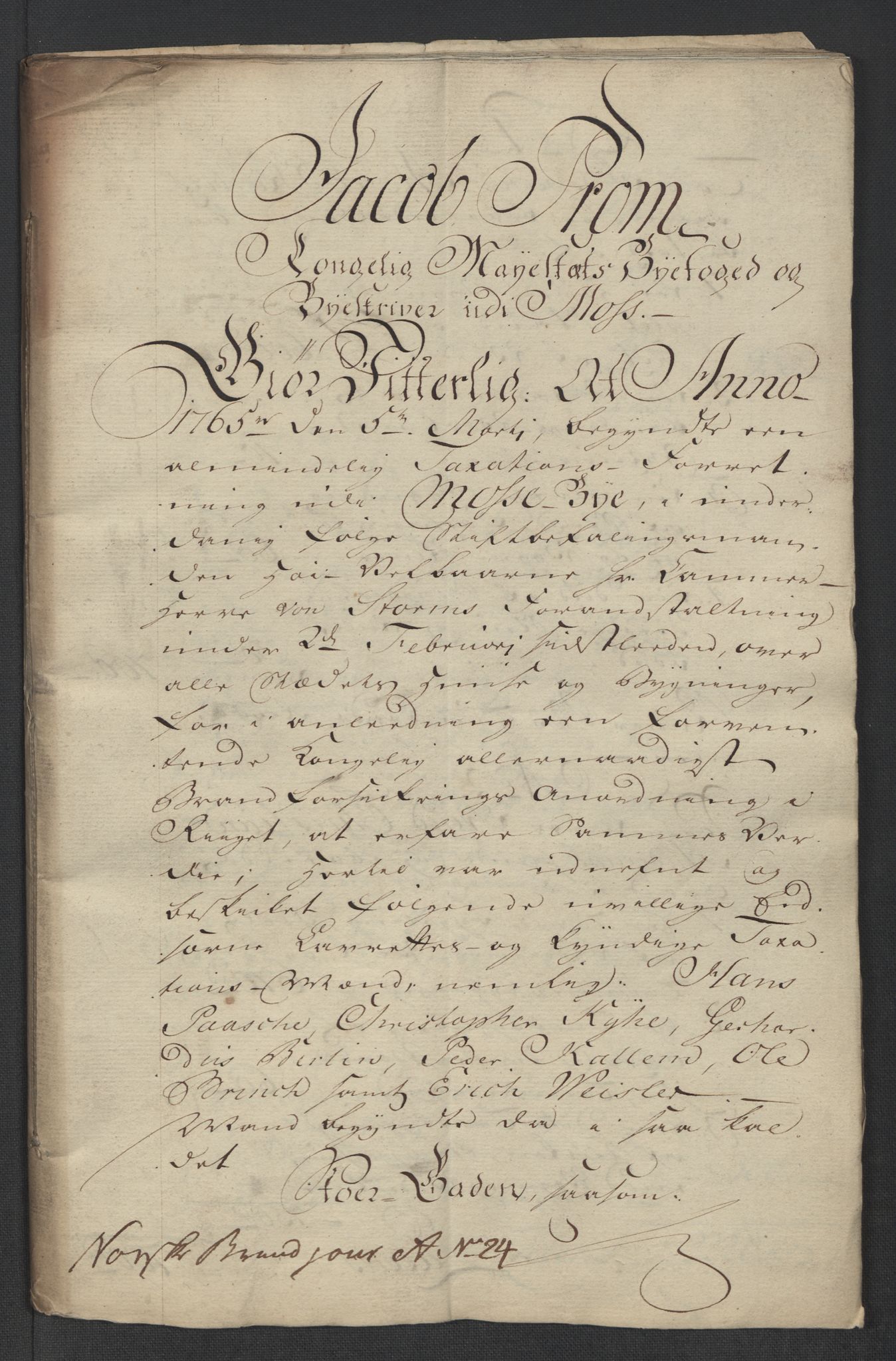 Kommersekollegiet, Brannforsikringskontoret 1767-1814, AV/RA-EA-5458/F/Fa/L0040/0001: Moss / Branntakstprotokoll, 1765, p. 2