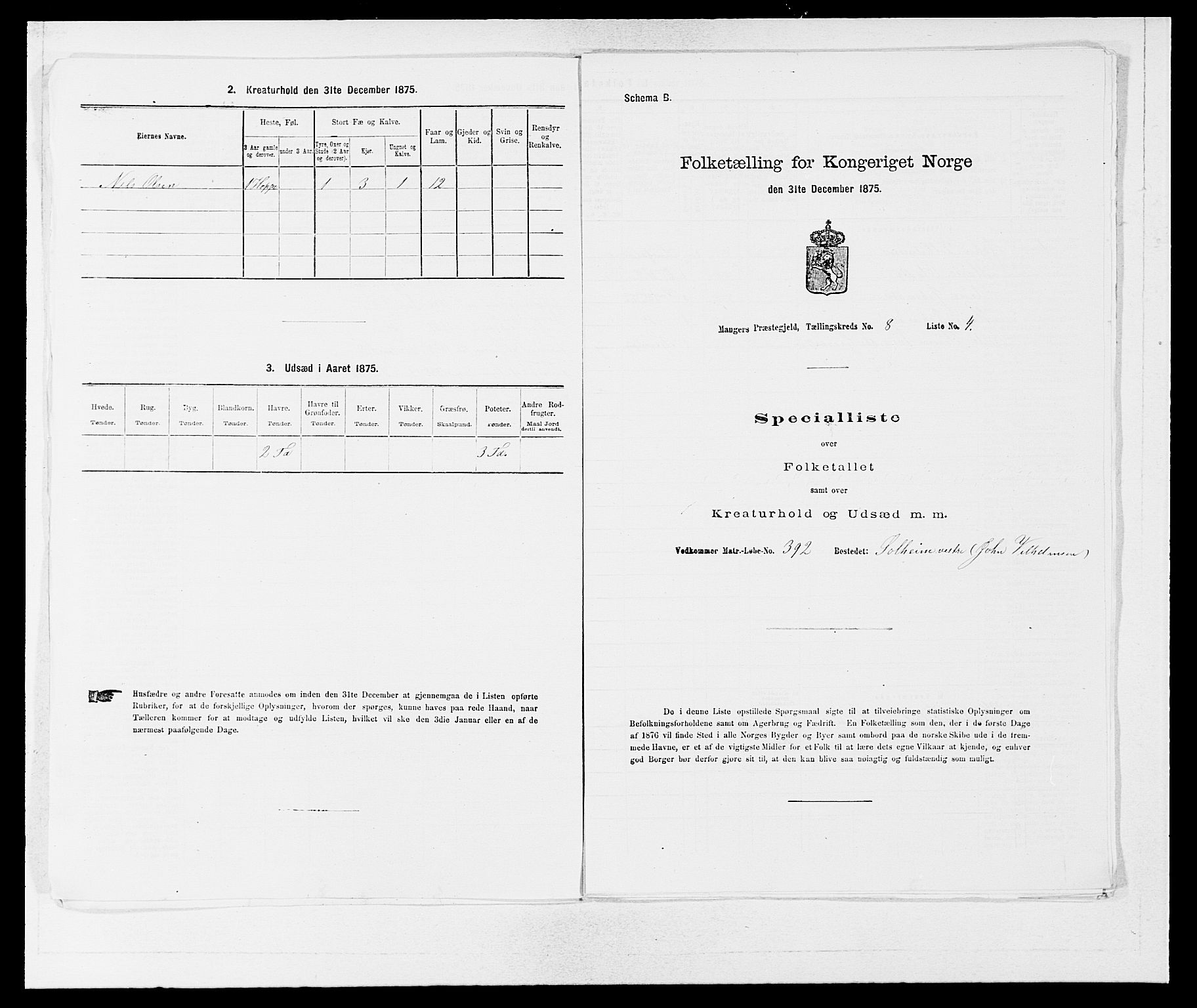 SAB, 1875 census for 1261P Manger, 1875, p. 1162