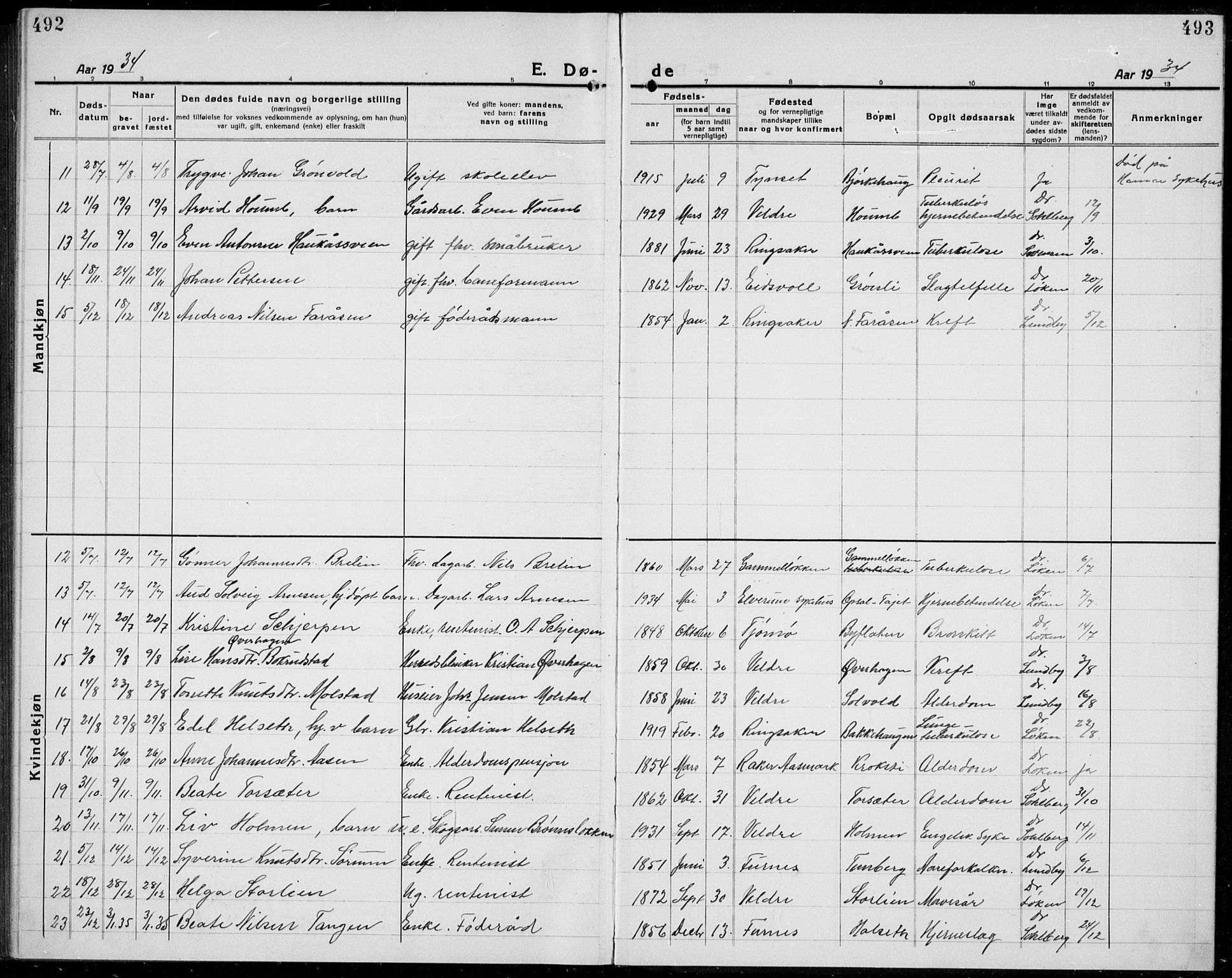 Veldre prestekontor, SAH/PREST-018/L/La/L0001: Parish register (copy) no. 1, 1921-1934, p. 492-493