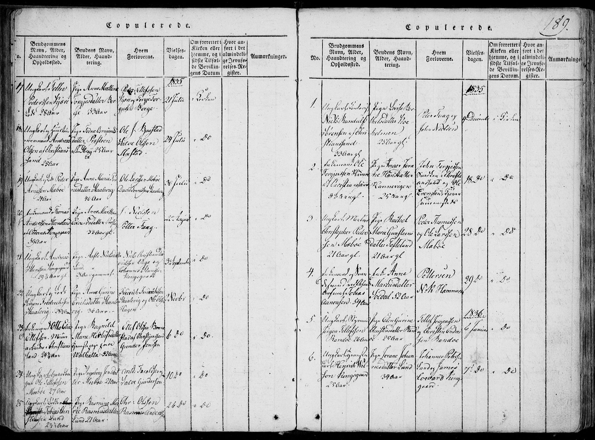 Oddernes sokneprestkontor, SAK/1111-0033/F/Fa/Faa/L0005: Parish register (official) no. A 5, 1820-1838, p. 189