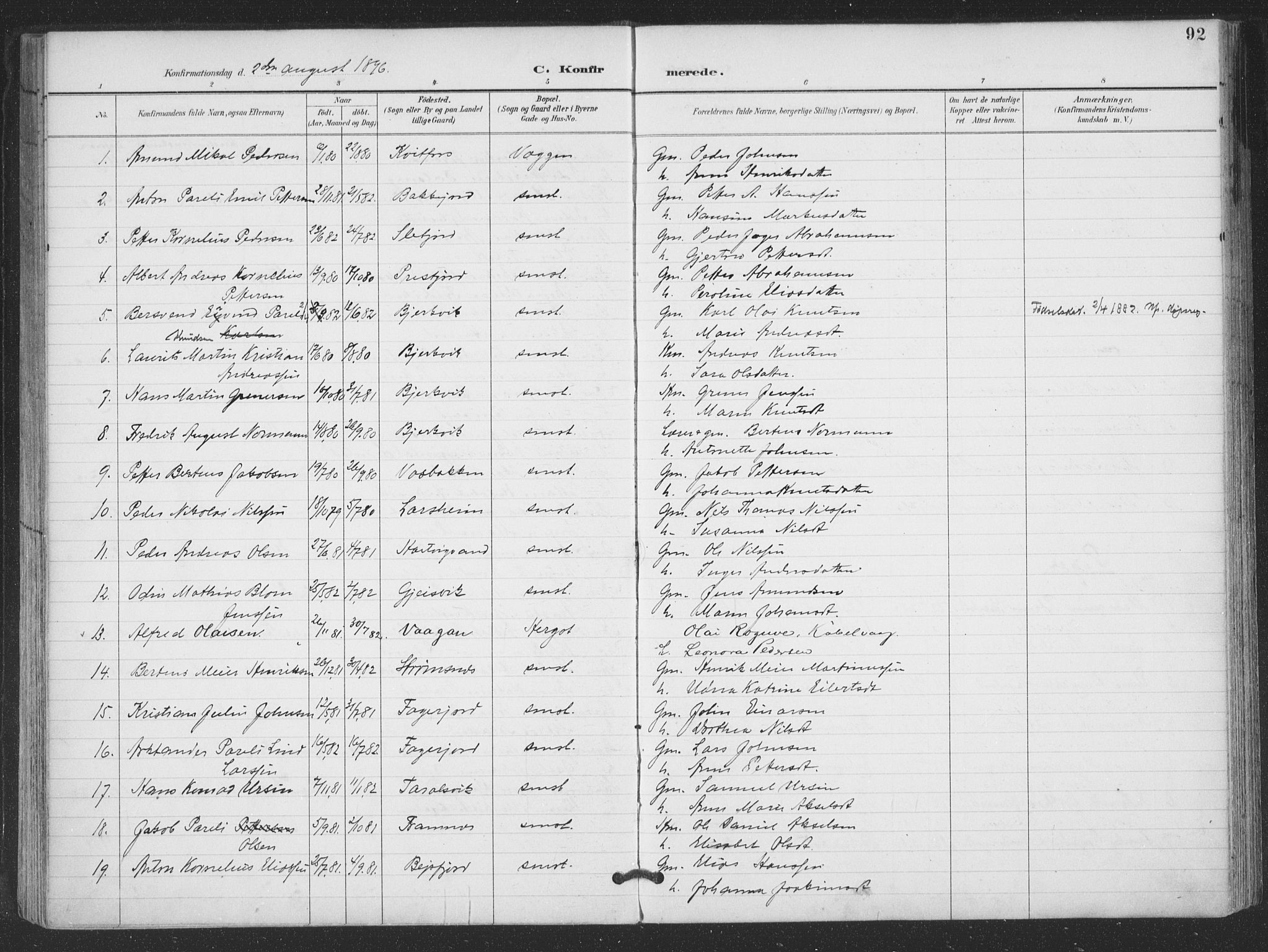 Ministerialprotokoller, klokkerbøker og fødselsregistre - Nordland, AV/SAT-A-1459/866/L0939: Parish register (official) no. 866A02, 1894-1906, p. 92