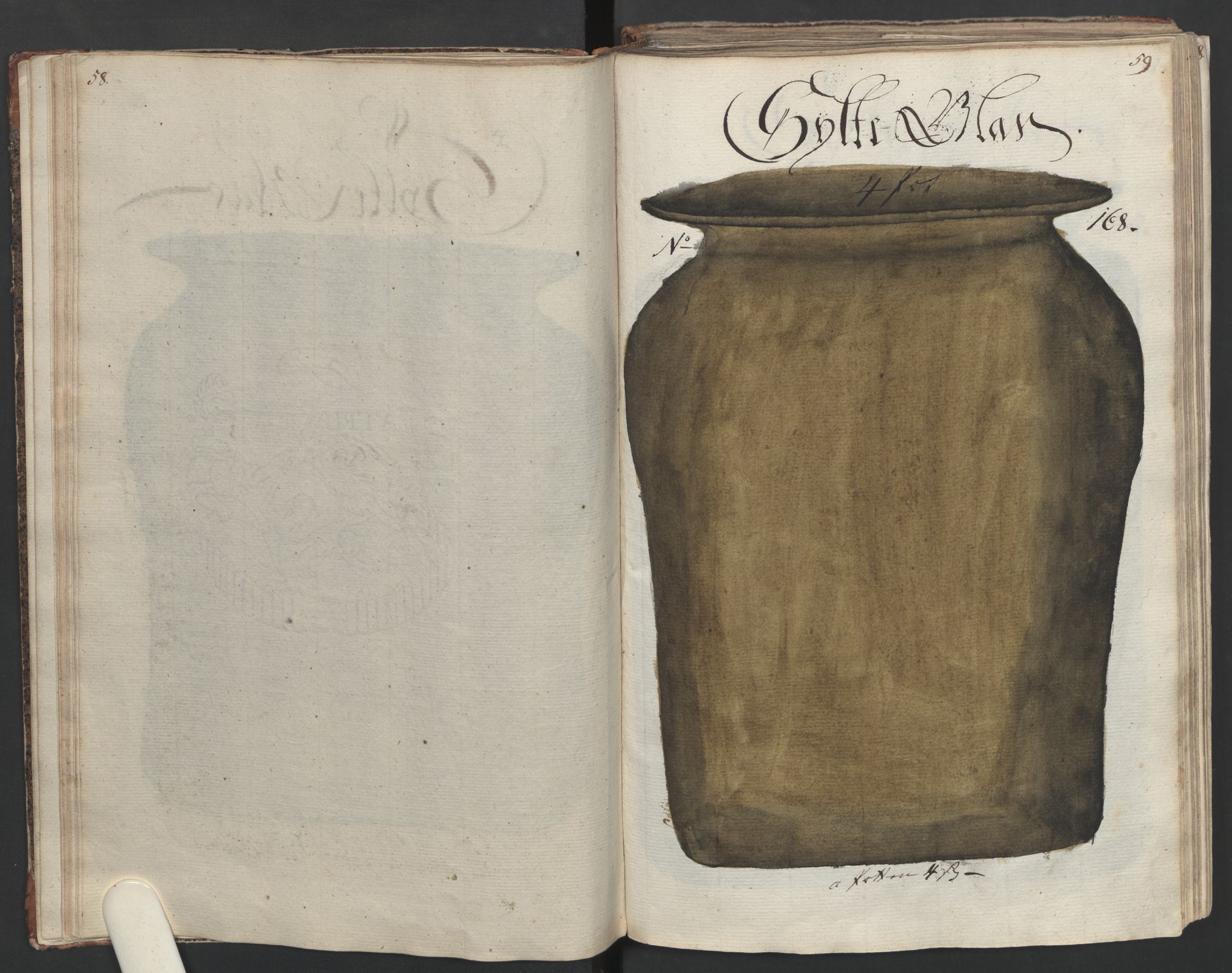 Glassverk, samlinger, AV/RA-PA-0001/F/Fa/L0036: Modellbok for Nøstetangens og Aas' produkter med prisangivelse,, 1763, p. 58-59
