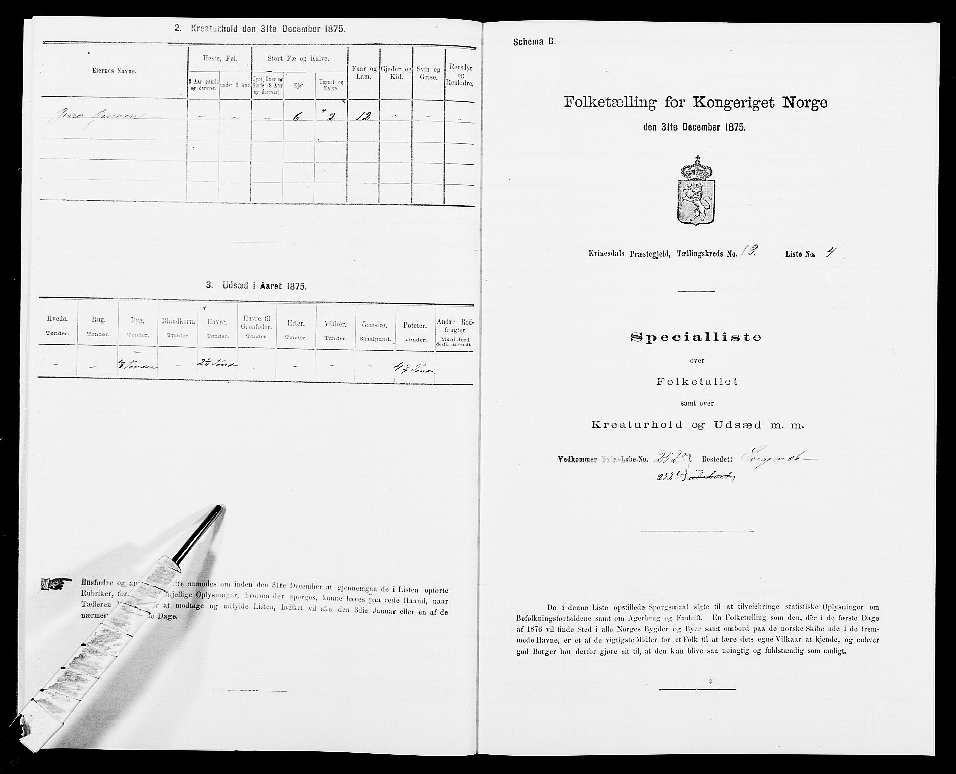 SAK, 1875 census for 1037P Kvinesdal, 1875, p. 1545