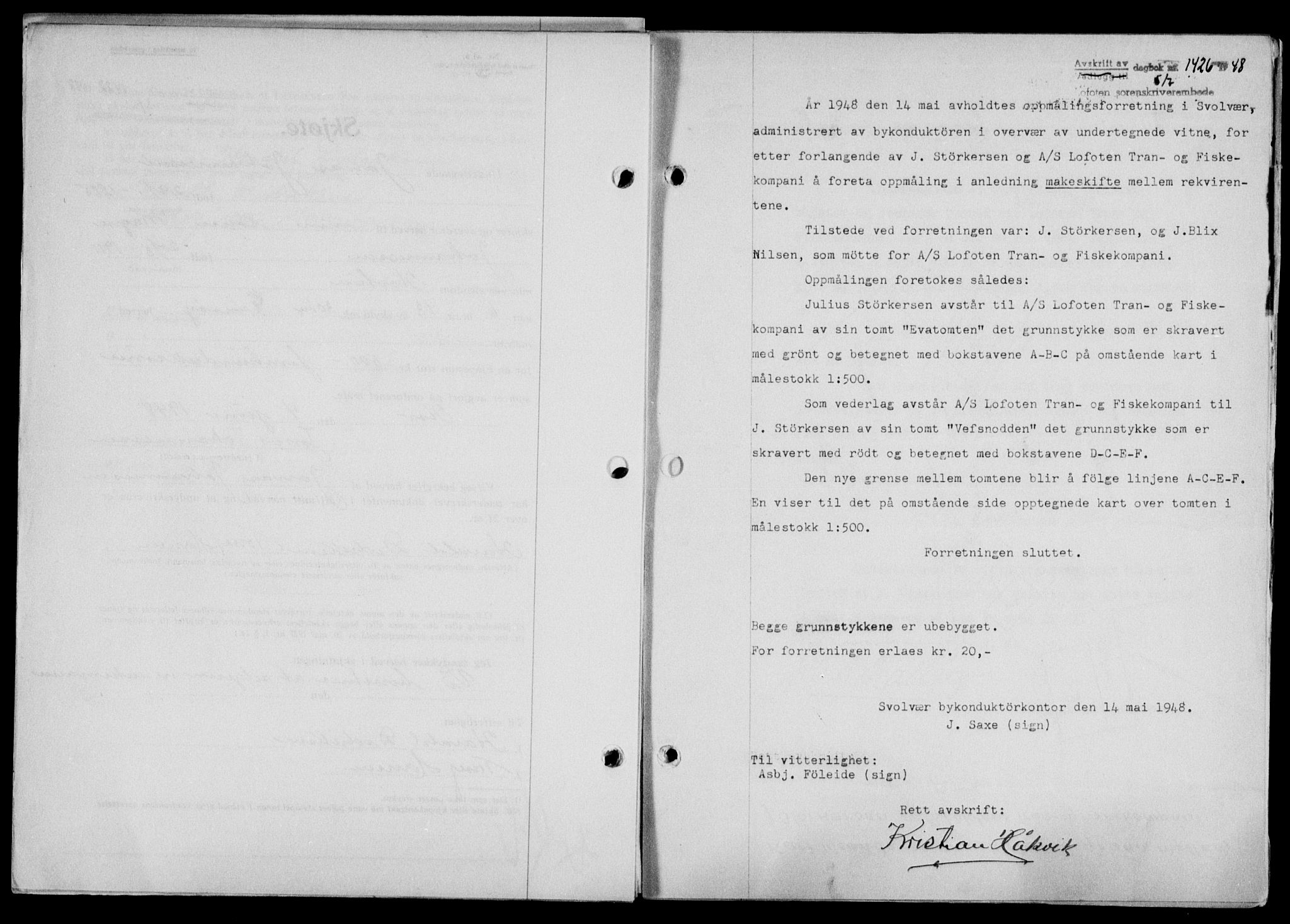 Lofoten sorenskriveri, SAT/A-0017/1/2/2C/L0018a: Mortgage book no. 18a, 1948-1948, Diary no: : 1426/1948