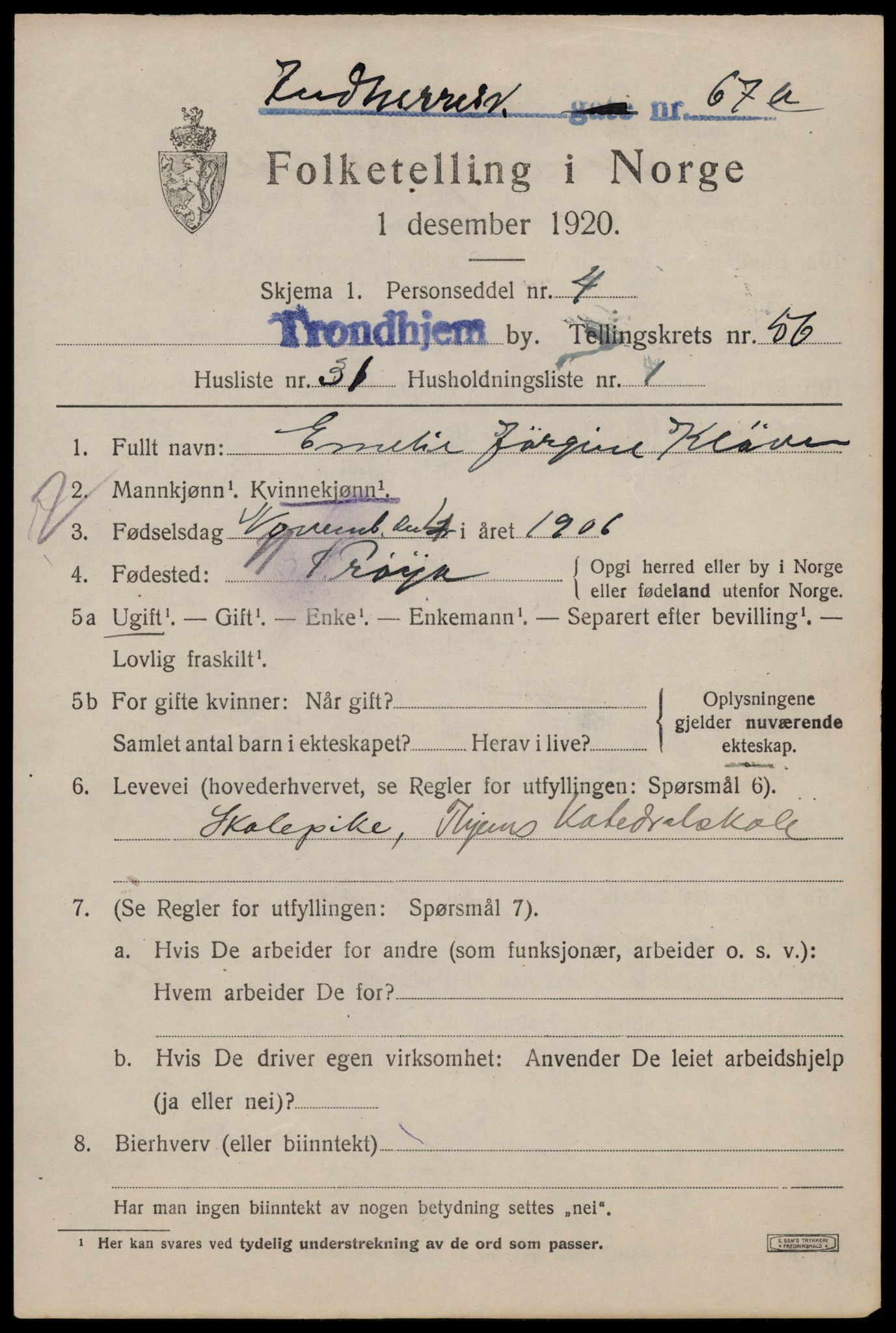 SAT, 1920 census for Trondheim, 1920, p. 115102