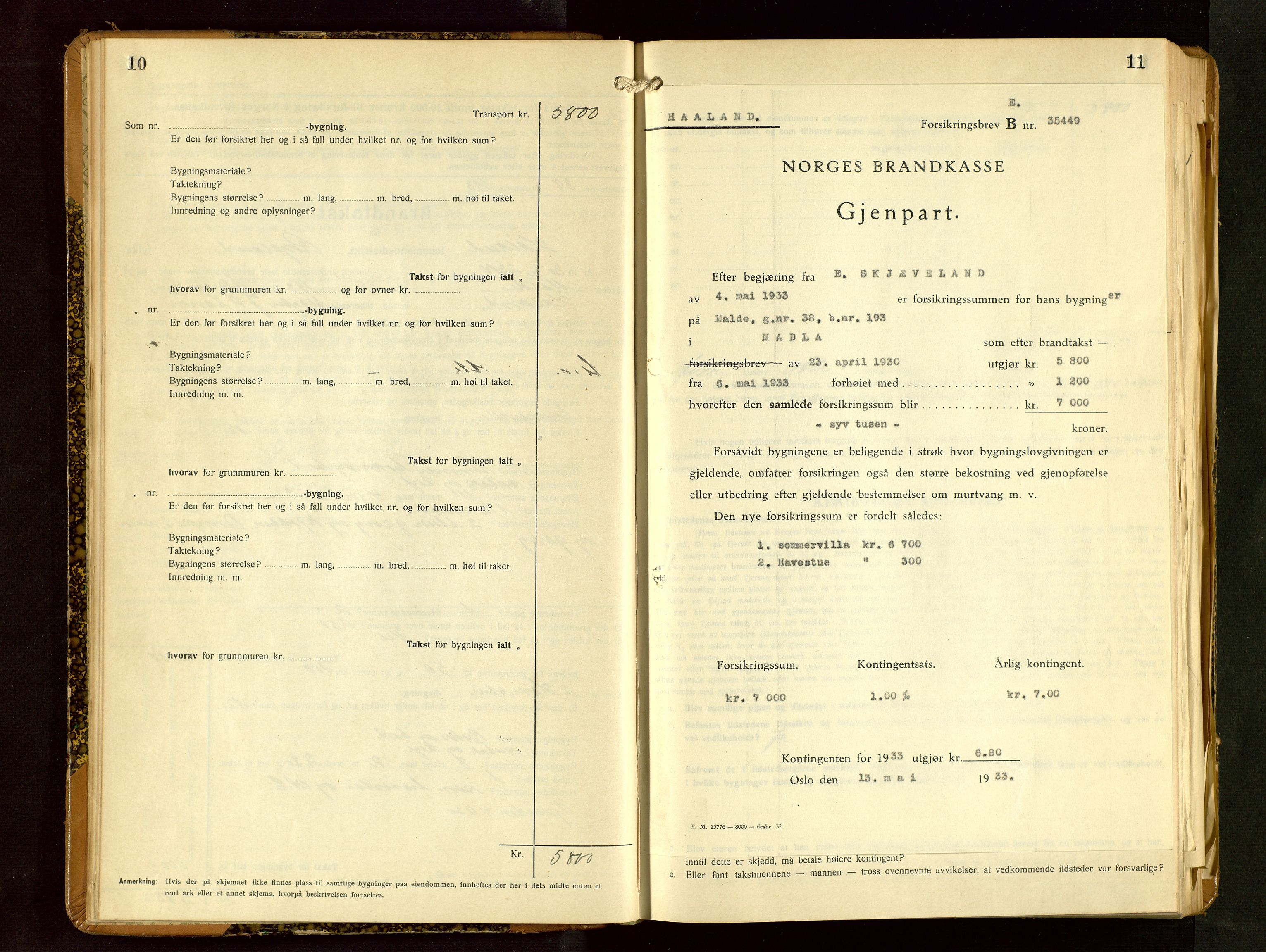 Håland lensmannskontor, SAST/A-100100/Gob/L0009: Branntakstprotokoll - skjematakst. Register i boken., 1930-1933, p. 10-11