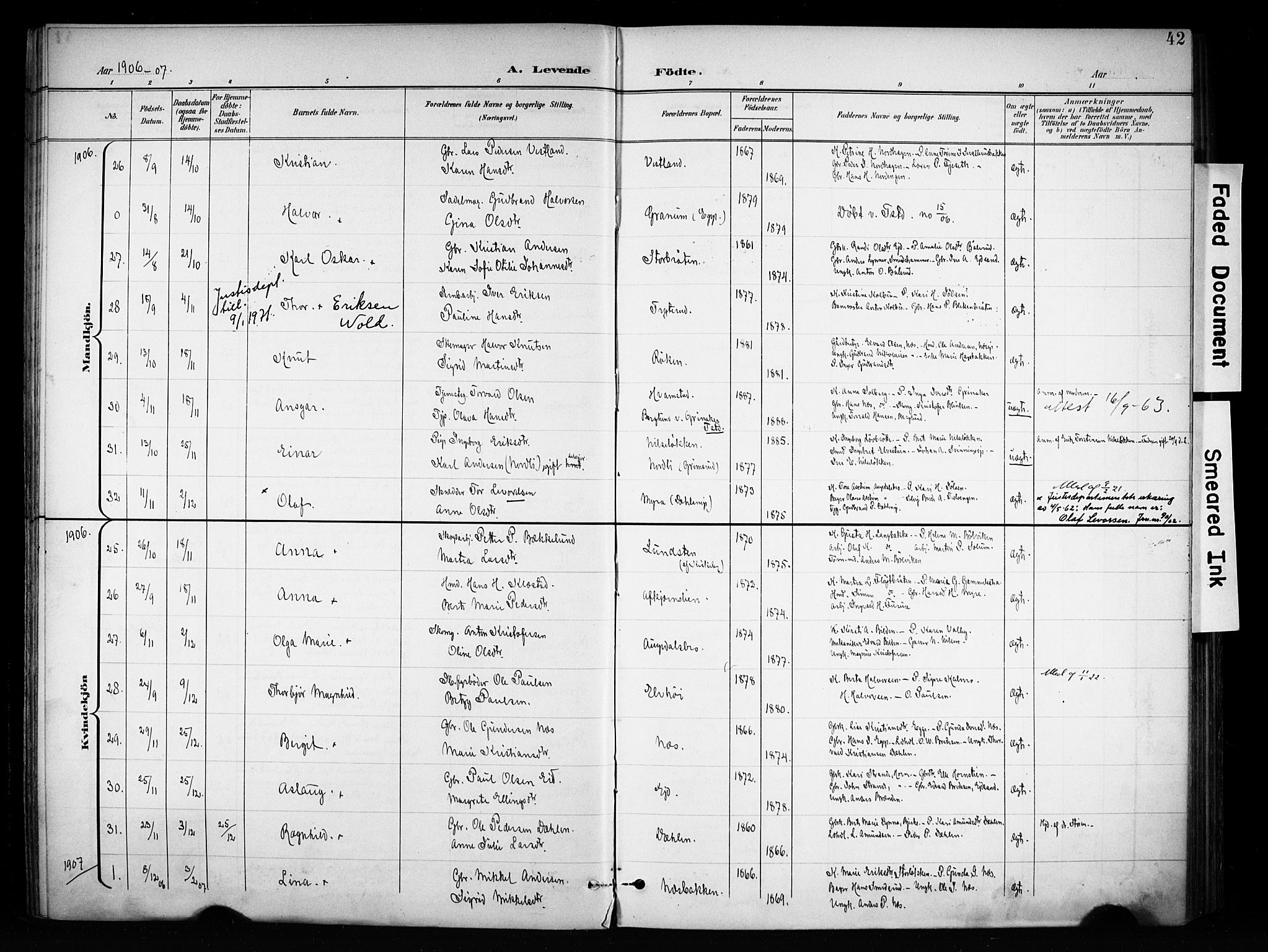 Brandbu prestekontor, SAH/PREST-114/H/Ha/Haa/L0001: Parish register (official) no. 1, 1900-1912, p. 42