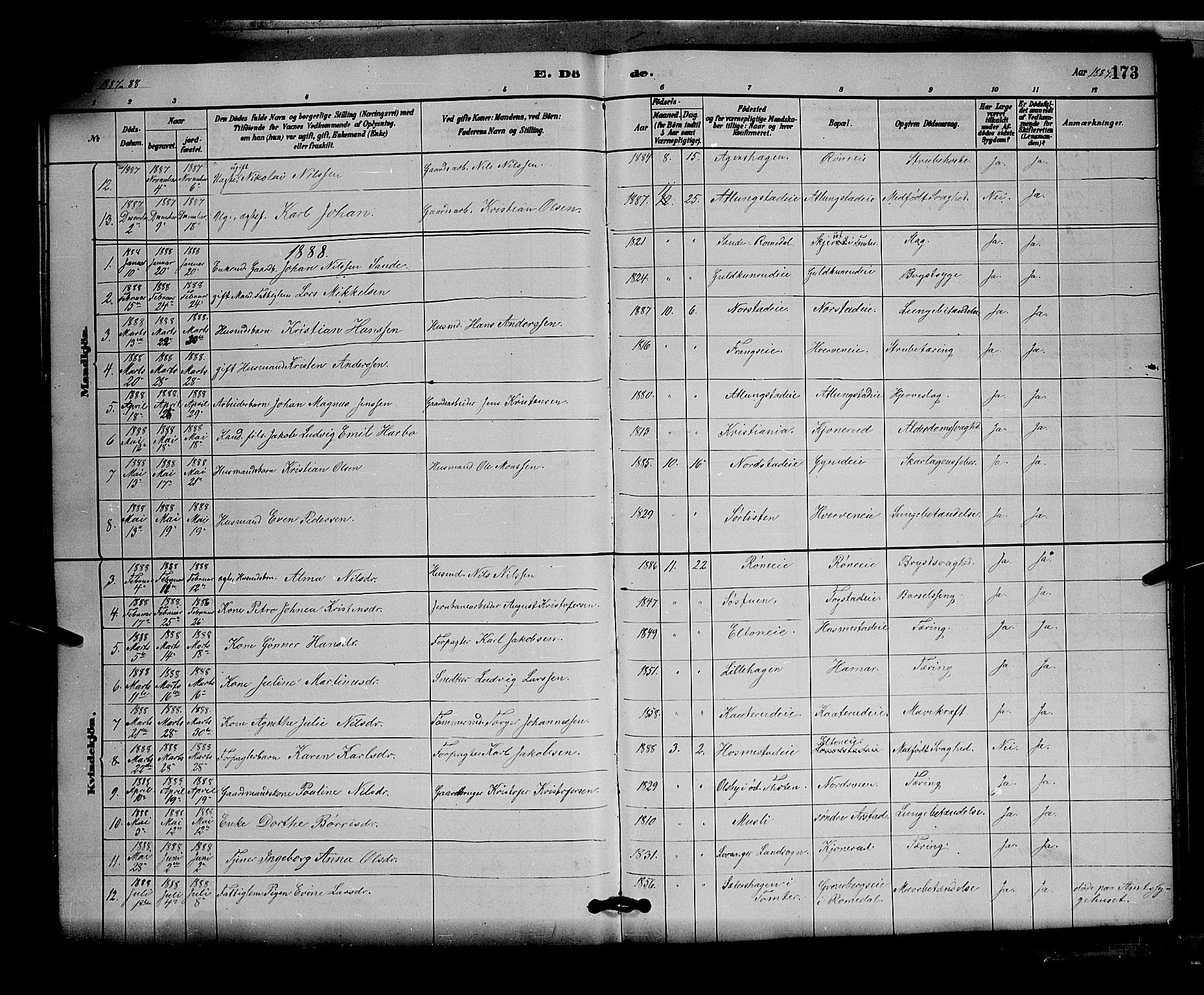 Stange prestekontor, AV/SAH-PREST-002/L/L0007: Parish register (copy) no. 7, 1880-1893, p. 173