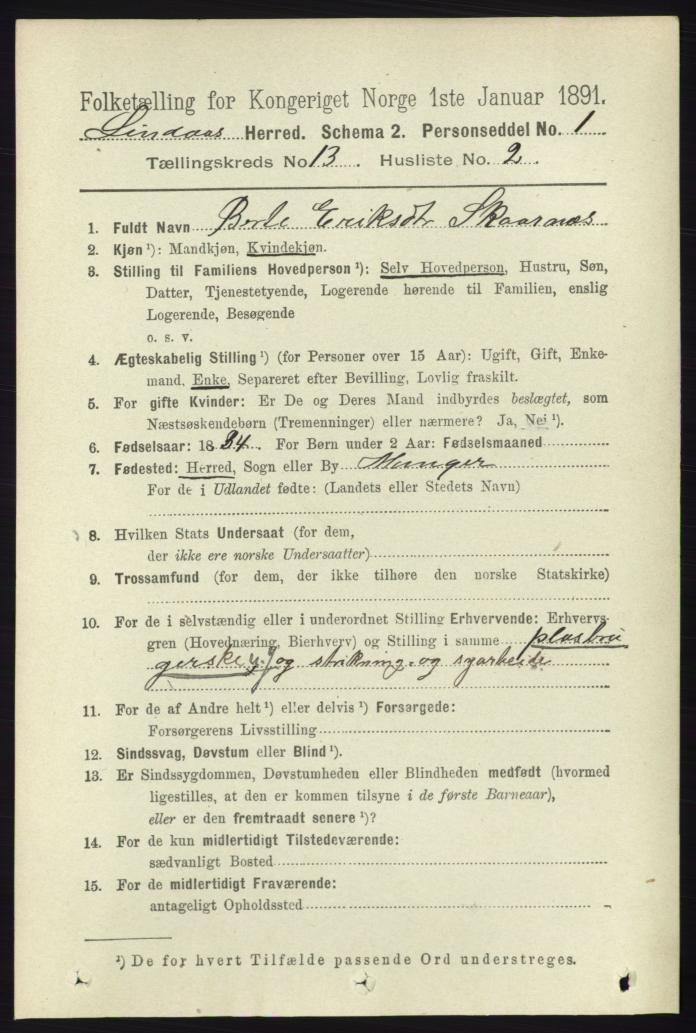 RA, 1891 census for 1263 Lindås, 1891, p. 4552