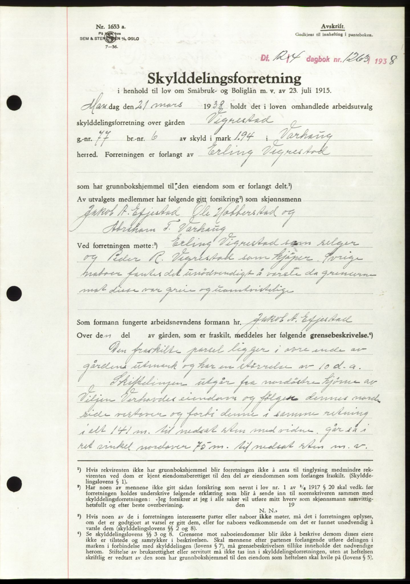 Jæren sorenskriveri, SAST/A-100310/03/G/Gba/L0070: Mortgage book, 1938-1938, Diary no: : 1263/1938
