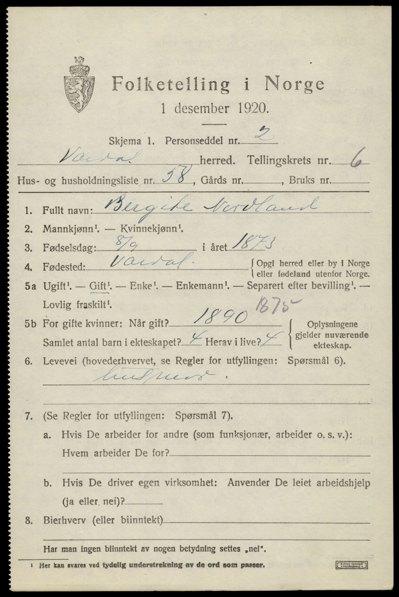 SAH, 1920 census for Vardal, 1920, p. 4541