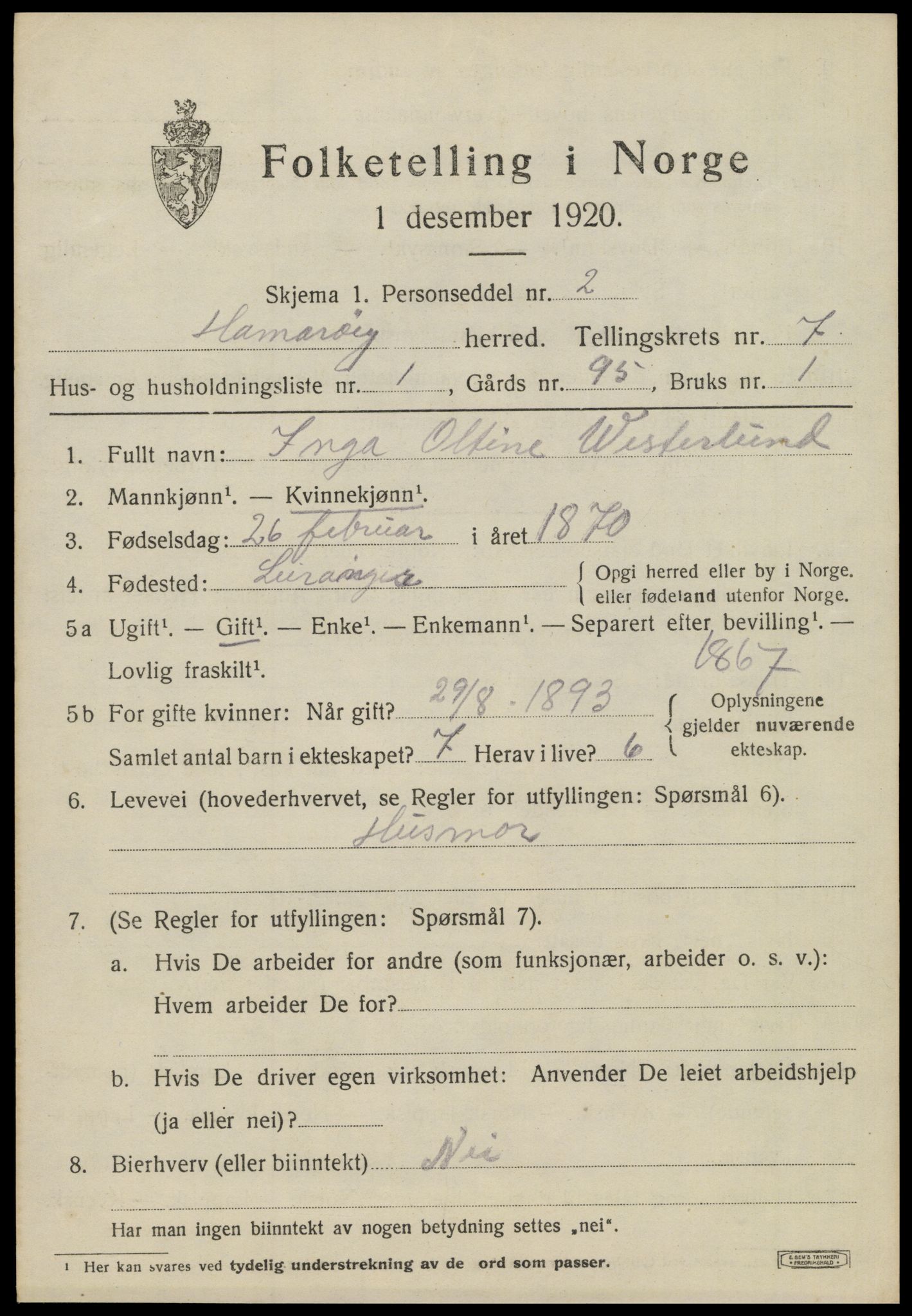 SAT, 1920 census for Hamarøy, 1920, p. 3180