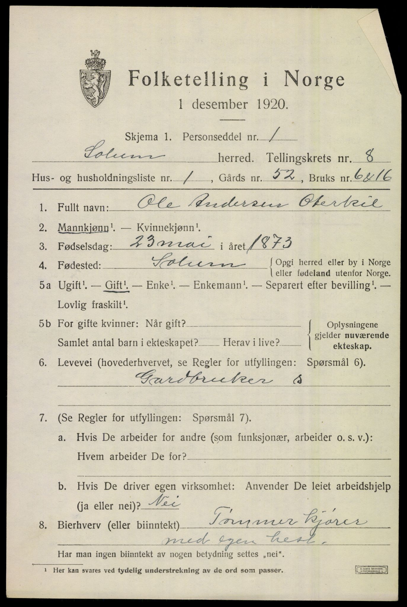 SAKO, 1920 census for Solum, 1920, p. 14288