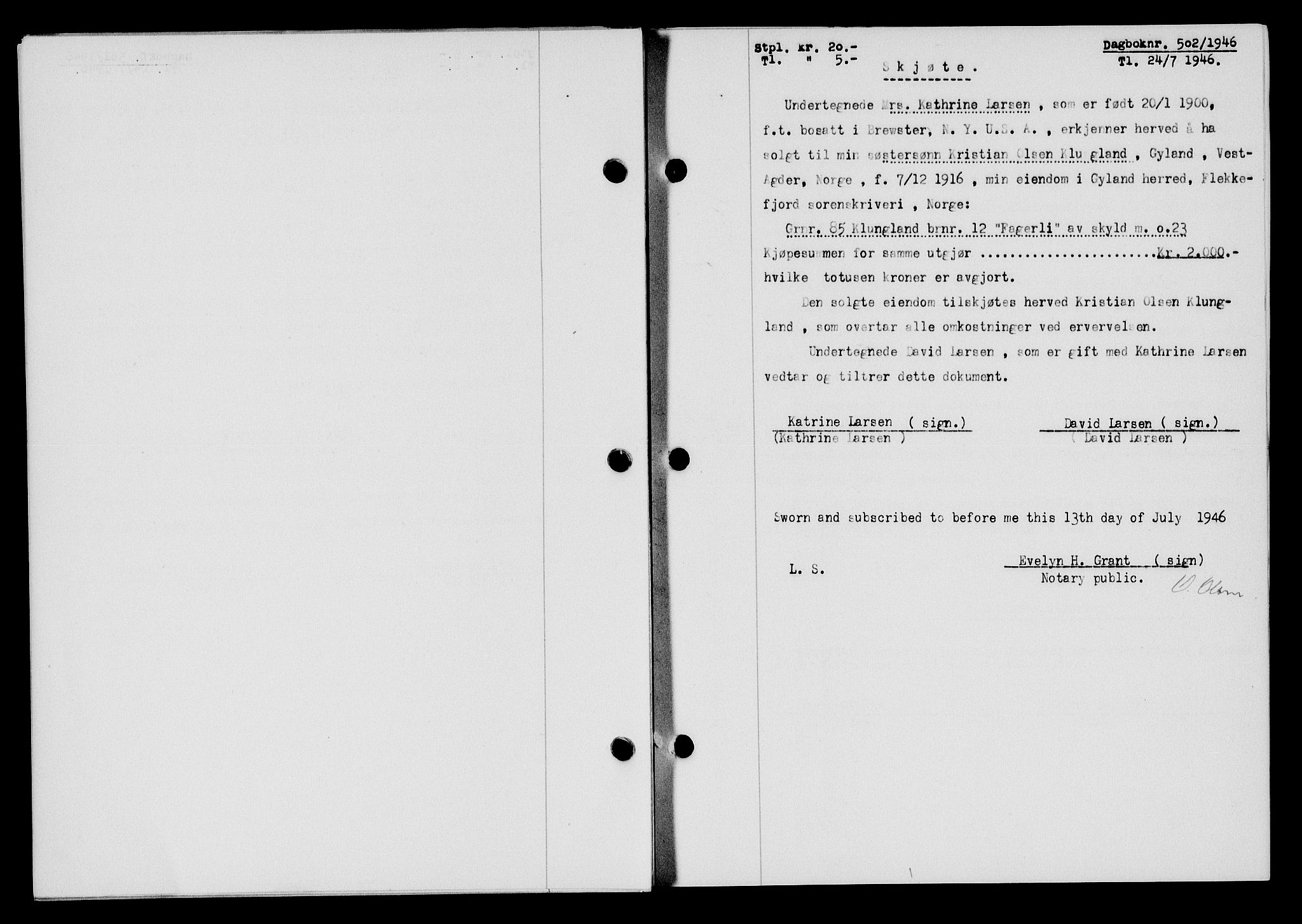 Flekkefjord sorenskriveri, AV/SAK-1221-0001/G/Gb/Gba/L0060: Mortgage book no. A-8, 1945-1946, Diary no: : 502/1946
