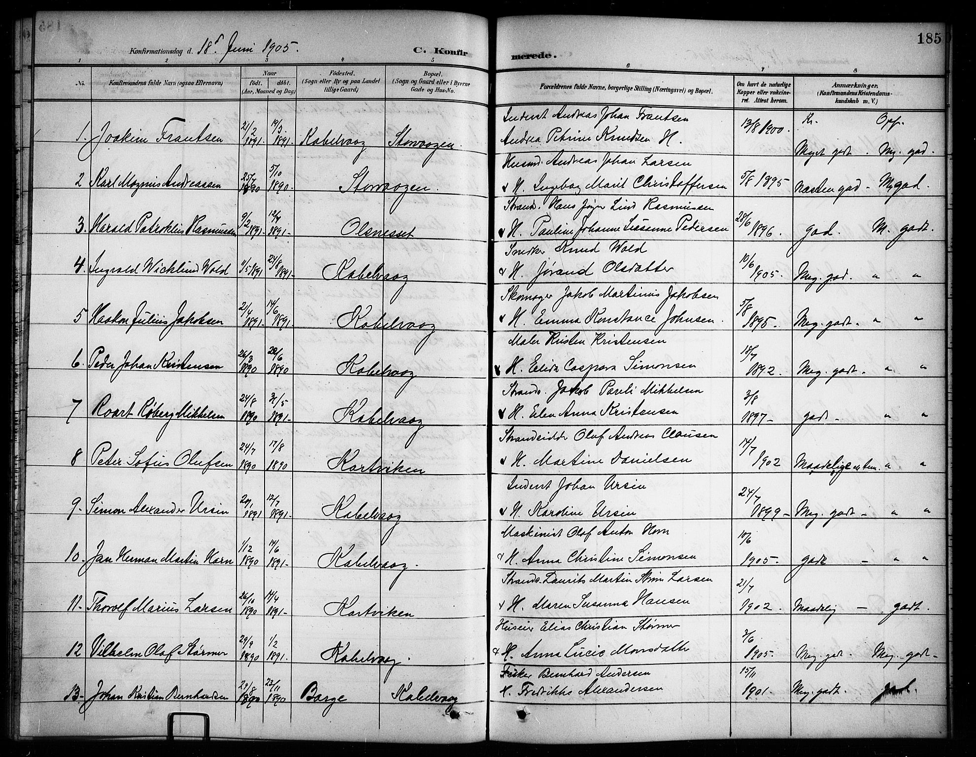 Ministerialprotokoller, klokkerbøker og fødselsregistre - Nordland, SAT/A-1459/874/L1078: Parish register (copy) no. 874C07, 1900-1907, p. 185