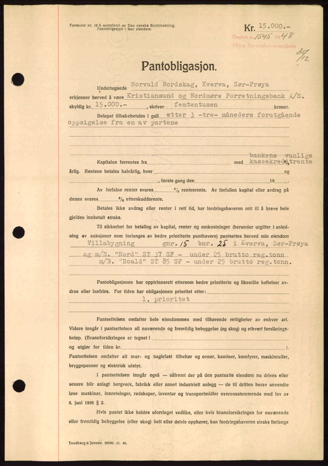 Hitra sorenskriveri, AV/SAT-A-0018/2/2C/2Ca: Mortgage book no. B1, 1939-1949, Diary no: : 1545/1948