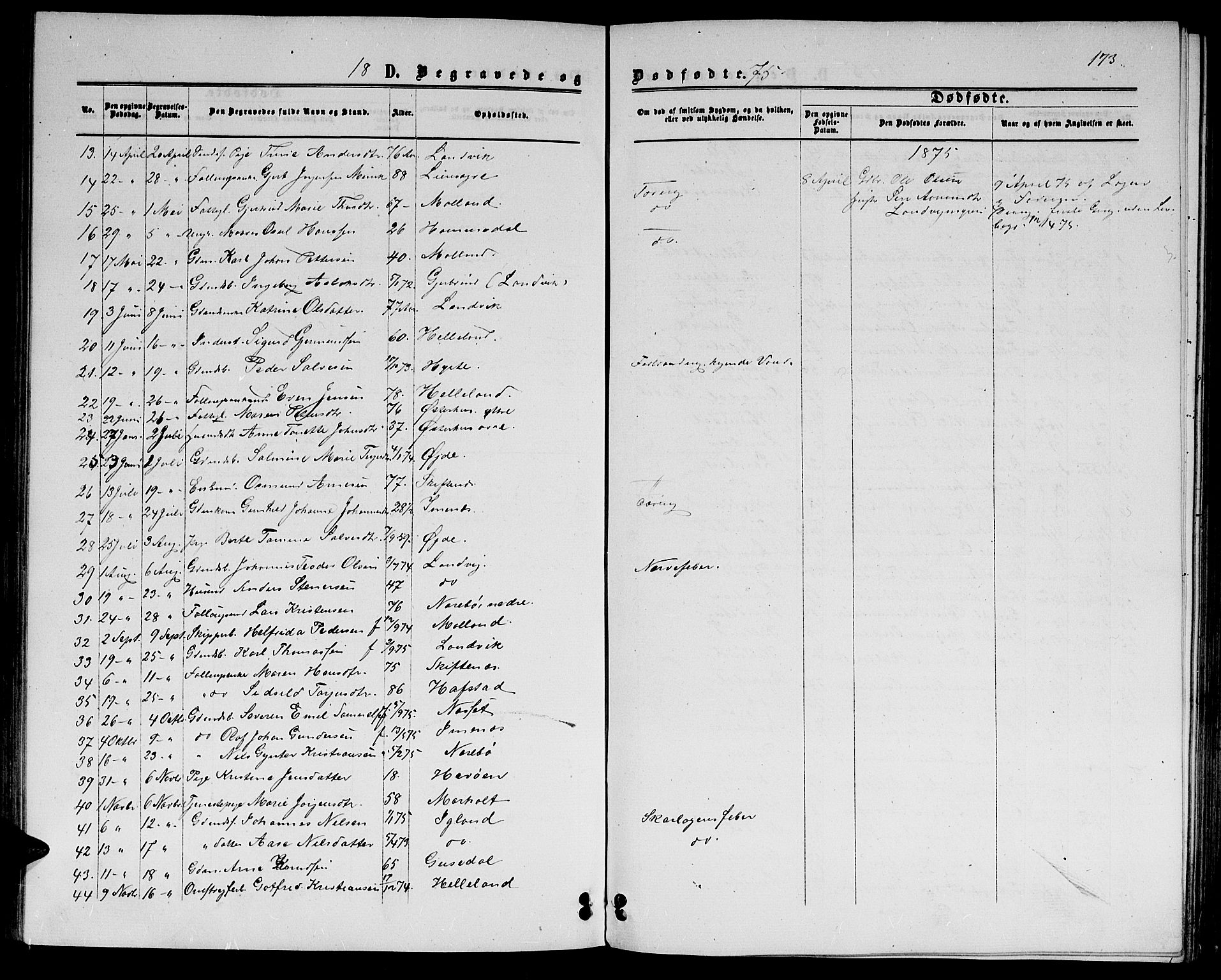 Hommedal sokneprestkontor, SAK/1111-0023/F/Fb/Fbb/L0006: Parish register (copy) no. B 6, 1869-1884, p. 173