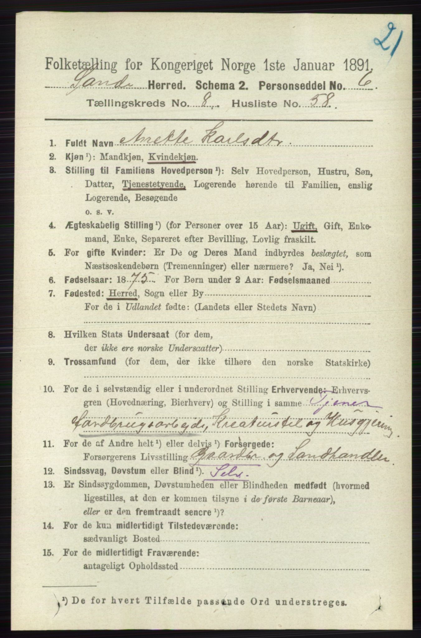 RA, 1891 census for 0713 Sande, 1891, p. 3830