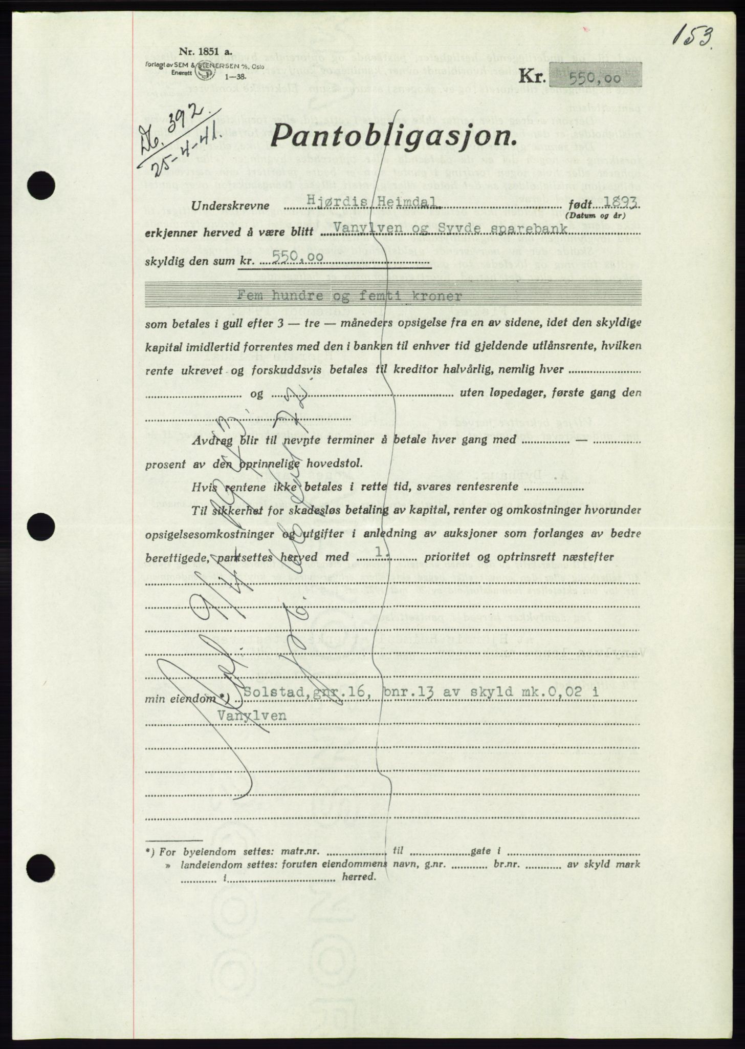 Søre Sunnmøre sorenskriveri, AV/SAT-A-4122/1/2/2C/L0071: Mortgage book no. 65, 1941-1941, Diary no: : 392/1941