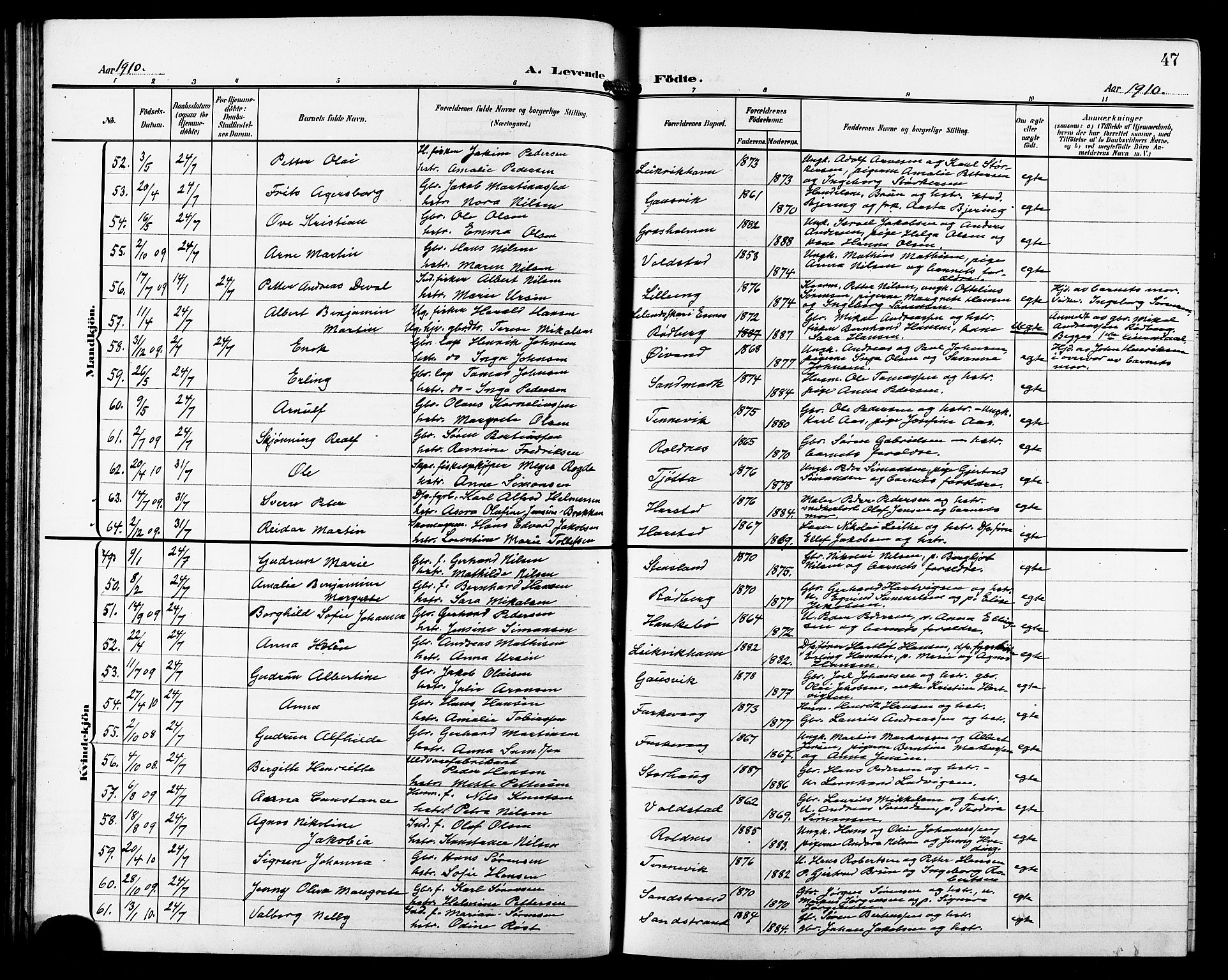 Trondenes sokneprestkontor, AV/SATØ-S-1319/H/Hb/L0012klokker: Parish register (copy) no. 12, 1907-1916, p. 47