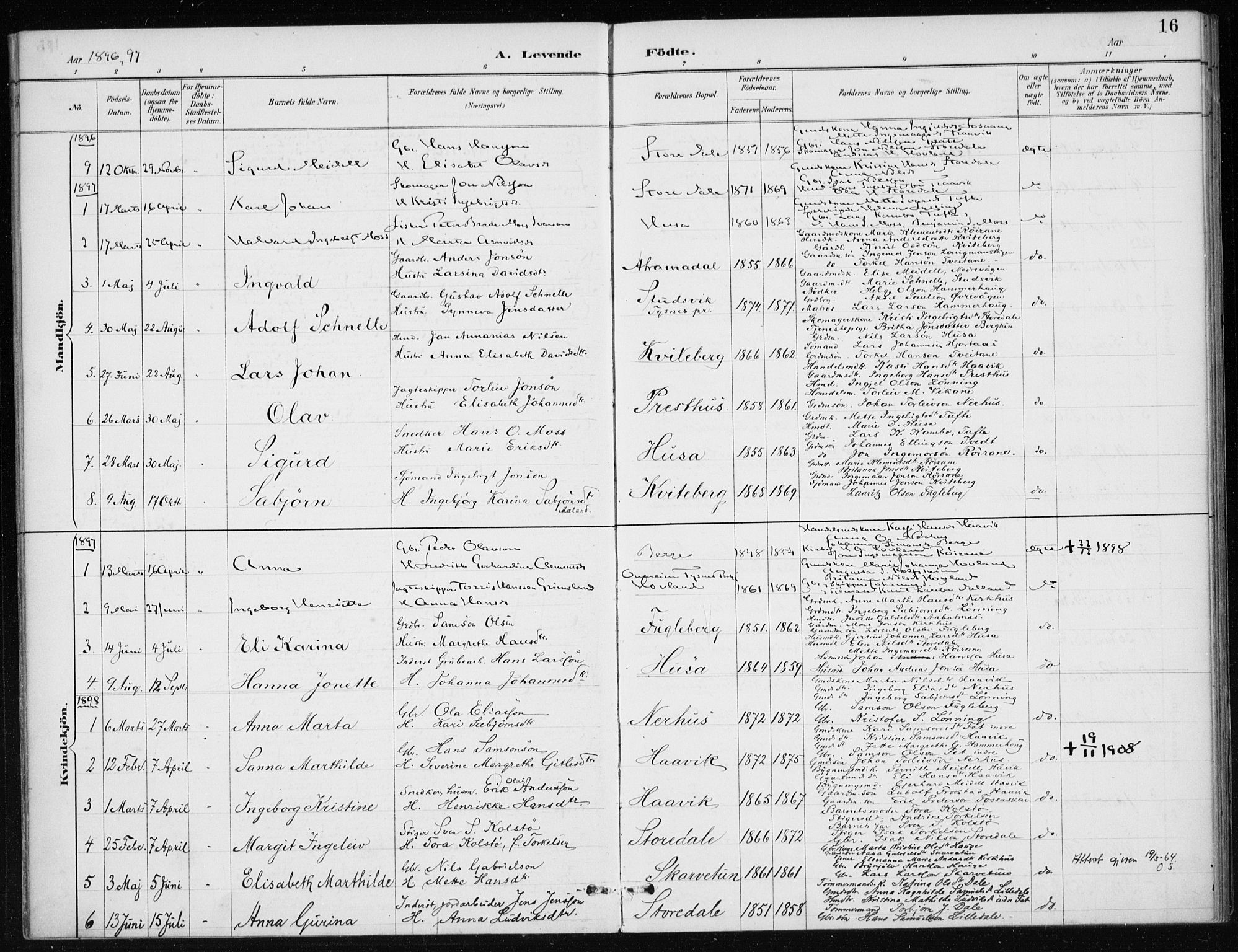 Kvinnherad sokneprestembete, SAB/A-76401/H/Haa: Parish register (official) no. E 1, 1887-1912, p. 16