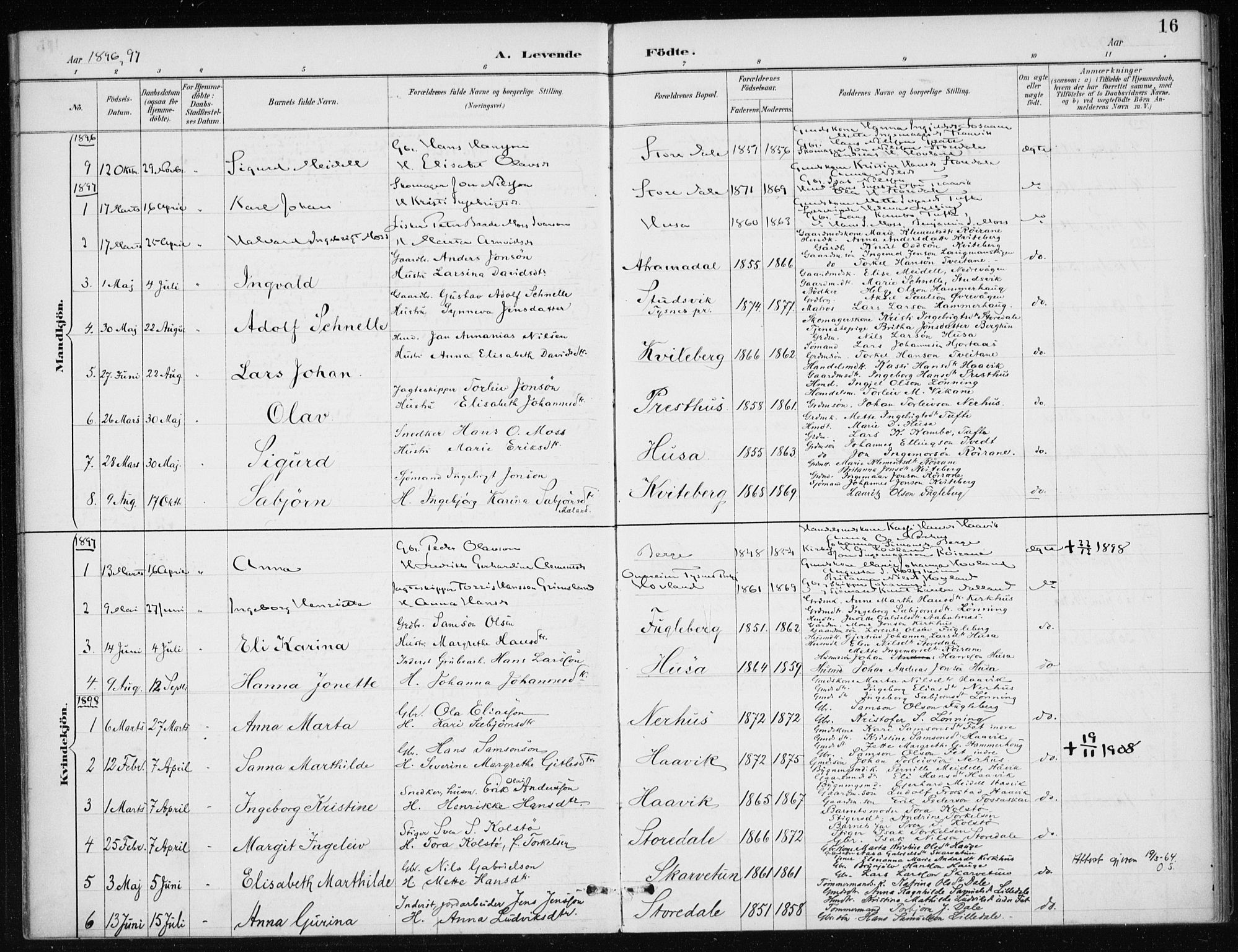 Kvinnherad sokneprestembete, AV/SAB-A-76401/H/Haa: Parish register (official) no. E 1, 1887-1912, p. 16