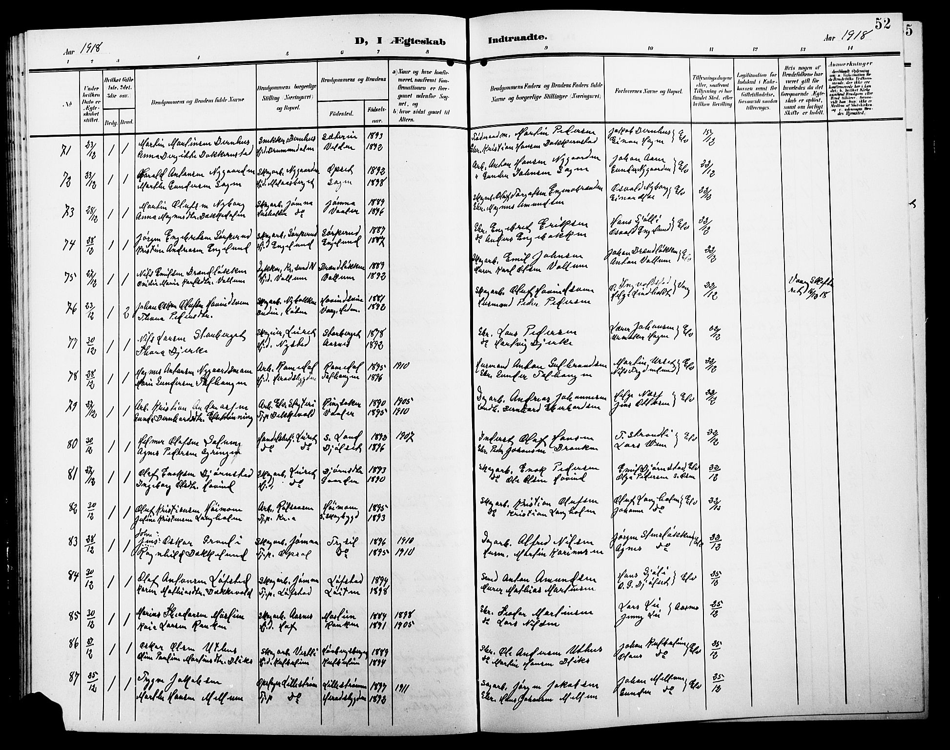 Elverum prestekontor, AV/SAH-PREST-044/H/Ha/Hab/L0009: Parish register (copy) no. 9, 1908-1921, p. 52