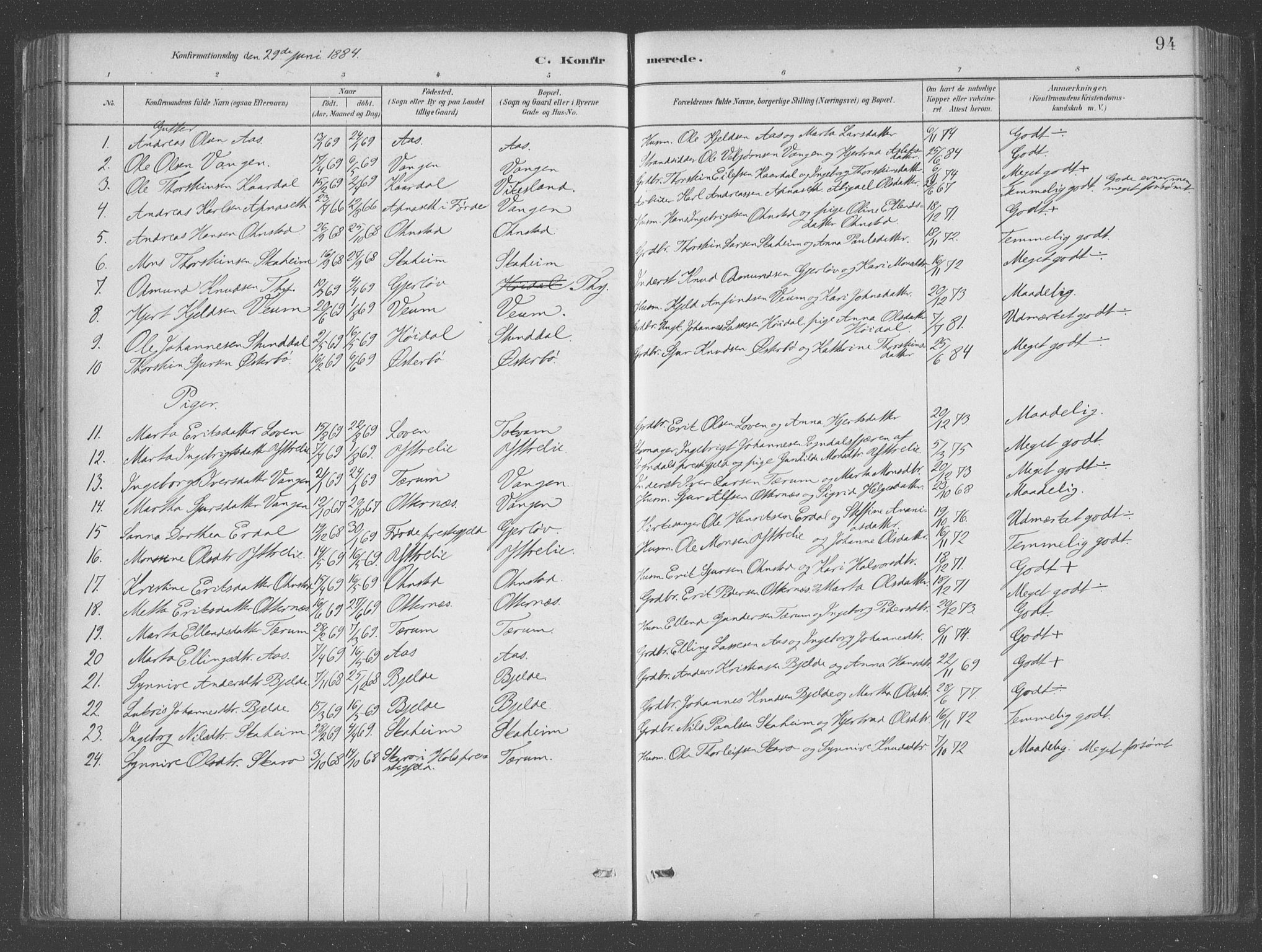 Aurland sokneprestembete, AV/SAB-A-99937/H/Ha/Hab/L0001: Parish register (official) no. B  1, 1880-1909, p. 94