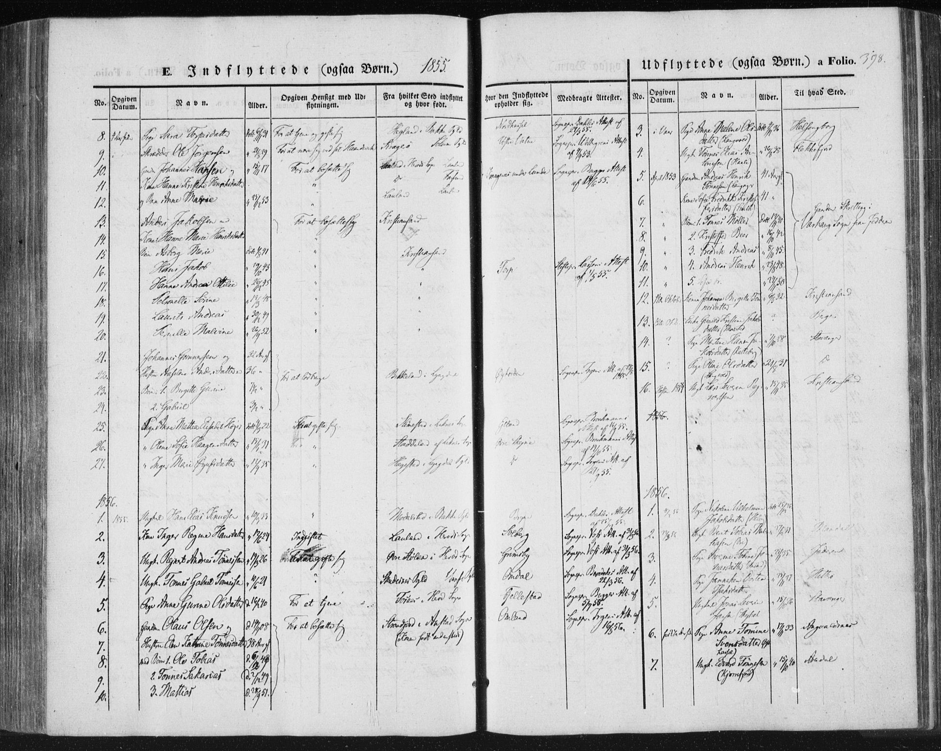 Lista sokneprestkontor, SAK/1111-0027/F/Fa/L0010: Parish register (official) no. A 10, 1846-1861, p. 398