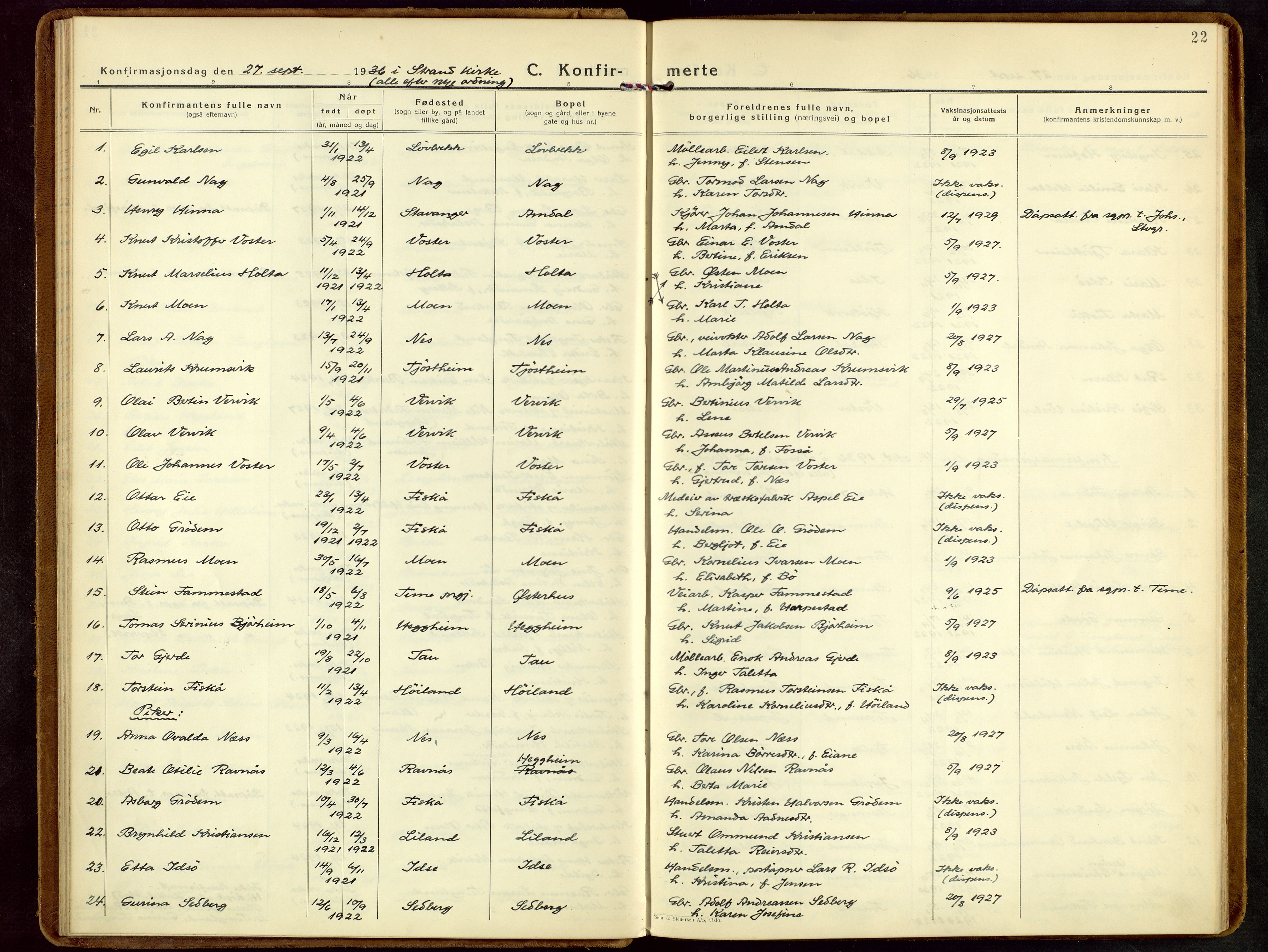 Strand sokneprestkontor, SAST/A-101828/H/Ha/Haa/L0013: Parish register (official) no. A 13, 1931-1961, p. 22