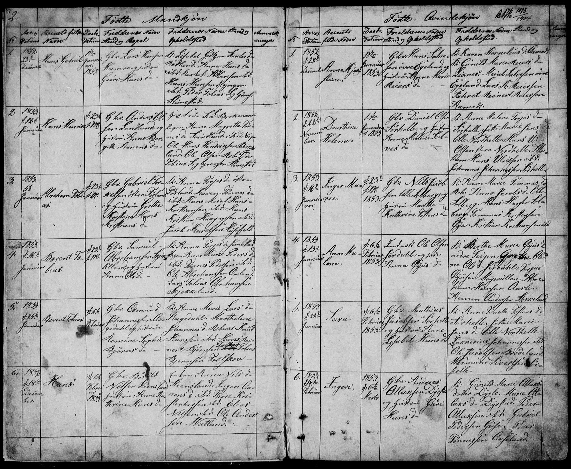 Kvinesdal sokneprestkontor, SAK/1111-0026/F/Fb/Fbb/L0001: Parish register (copy) no. B 1, 1852-1872, p. 2