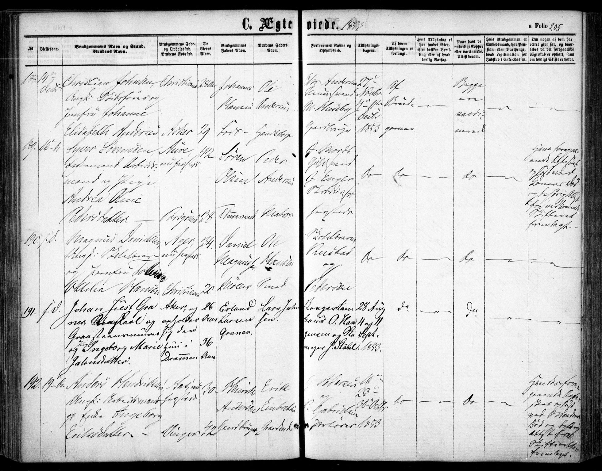 Oslo domkirke Kirkebøker, SAO/A-10752/F/Fa/L0020: Parish register (official) no. 20, 1848-1865, p. 205
