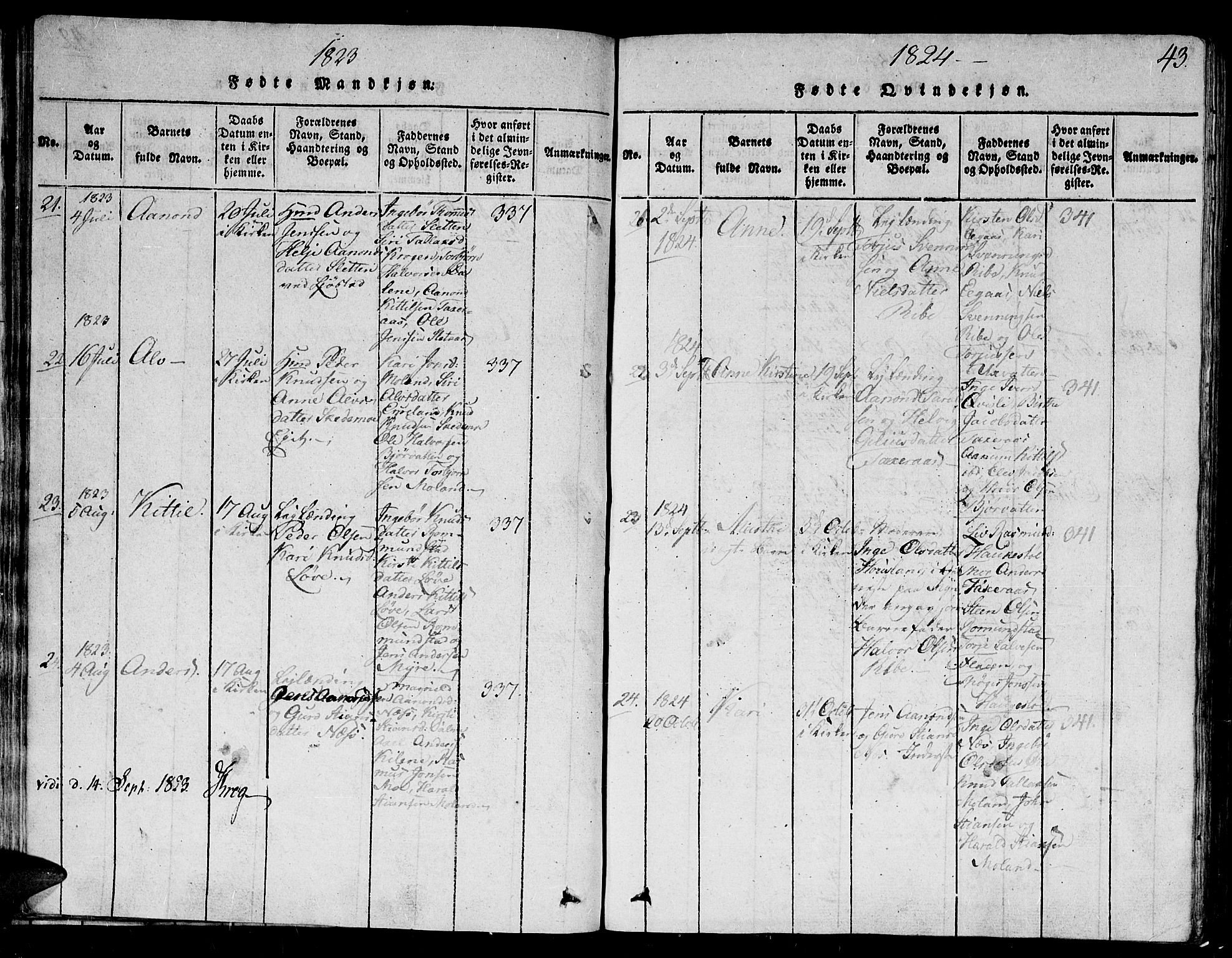 Gjerstad sokneprestkontor, AV/SAK-1111-0014/F/Fb/Fbb/L0001: Parish register (copy) no. B 1, 1813-1863, p. 43