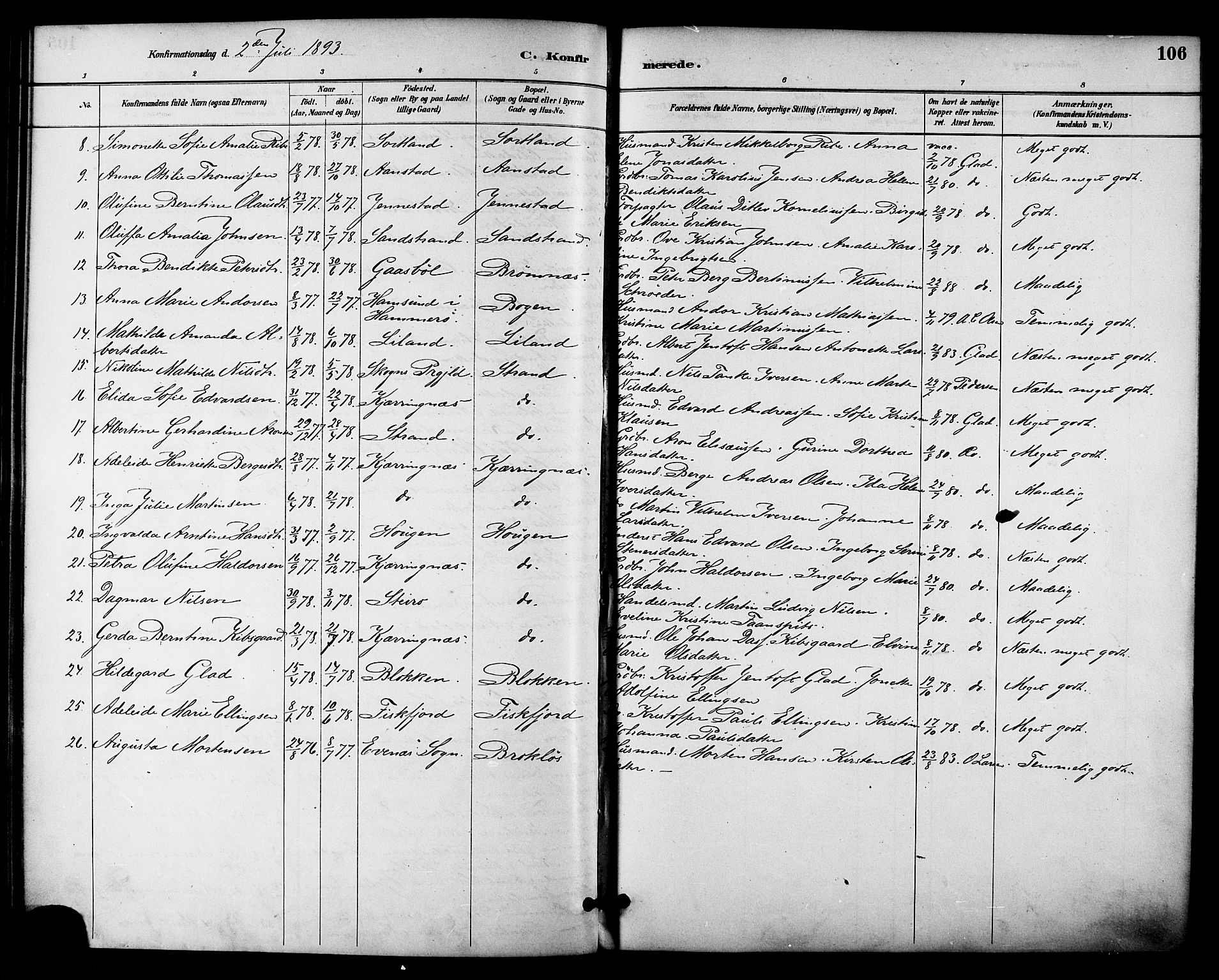 Ministerialprotokoller, klokkerbøker og fødselsregistre - Nordland, AV/SAT-A-1459/895/L1371: Parish register (official) no. 895A06, 1885-1894, p. 106