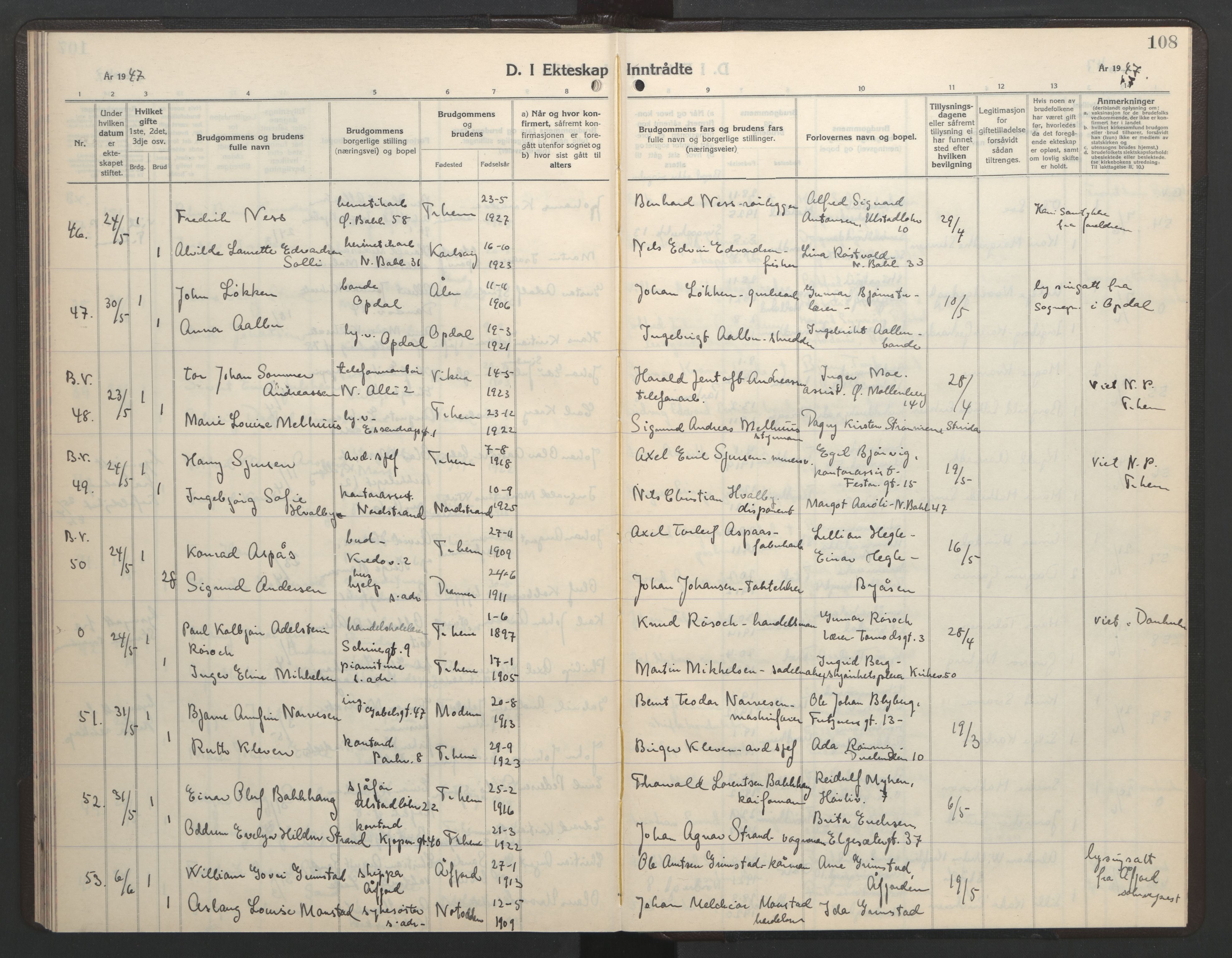 Ministerialprotokoller, klokkerbøker og fødselsregistre - Sør-Trøndelag, AV/SAT-A-1456/602/L0154: Parish register (copy) no. 602C22, 1940-1947, p. 108