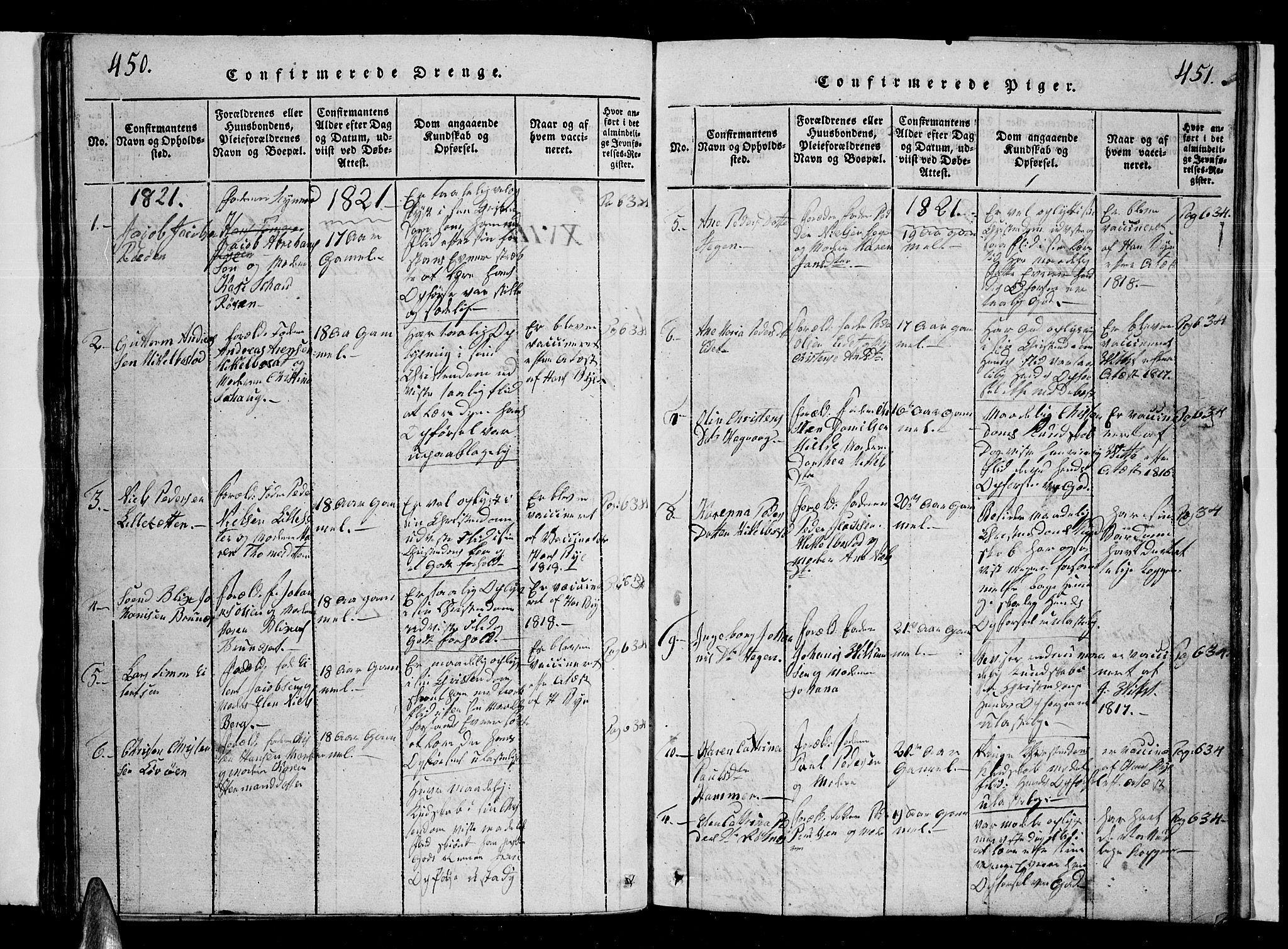 Ministerialprotokoller, klokkerbøker og fødselsregistre - Nordland, AV/SAT-A-1459/855/L0812: Parish register (copy) no. 855C01, 1821-1838, p. 450-451