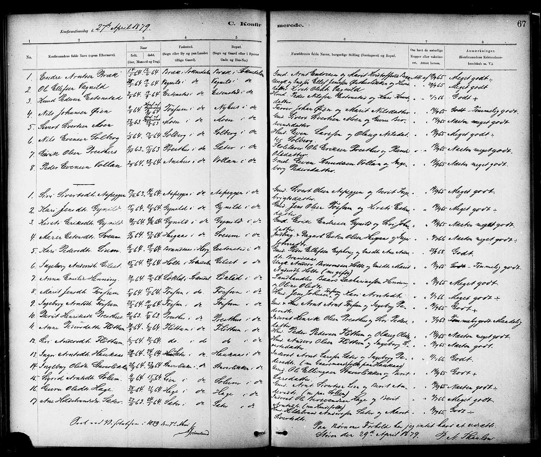 Ministerialprotokoller, klokkerbøker og fødselsregistre - Sør-Trøndelag, SAT/A-1456/689/L1040: Parish register (official) no. 689A05, 1878-1890, p. 67