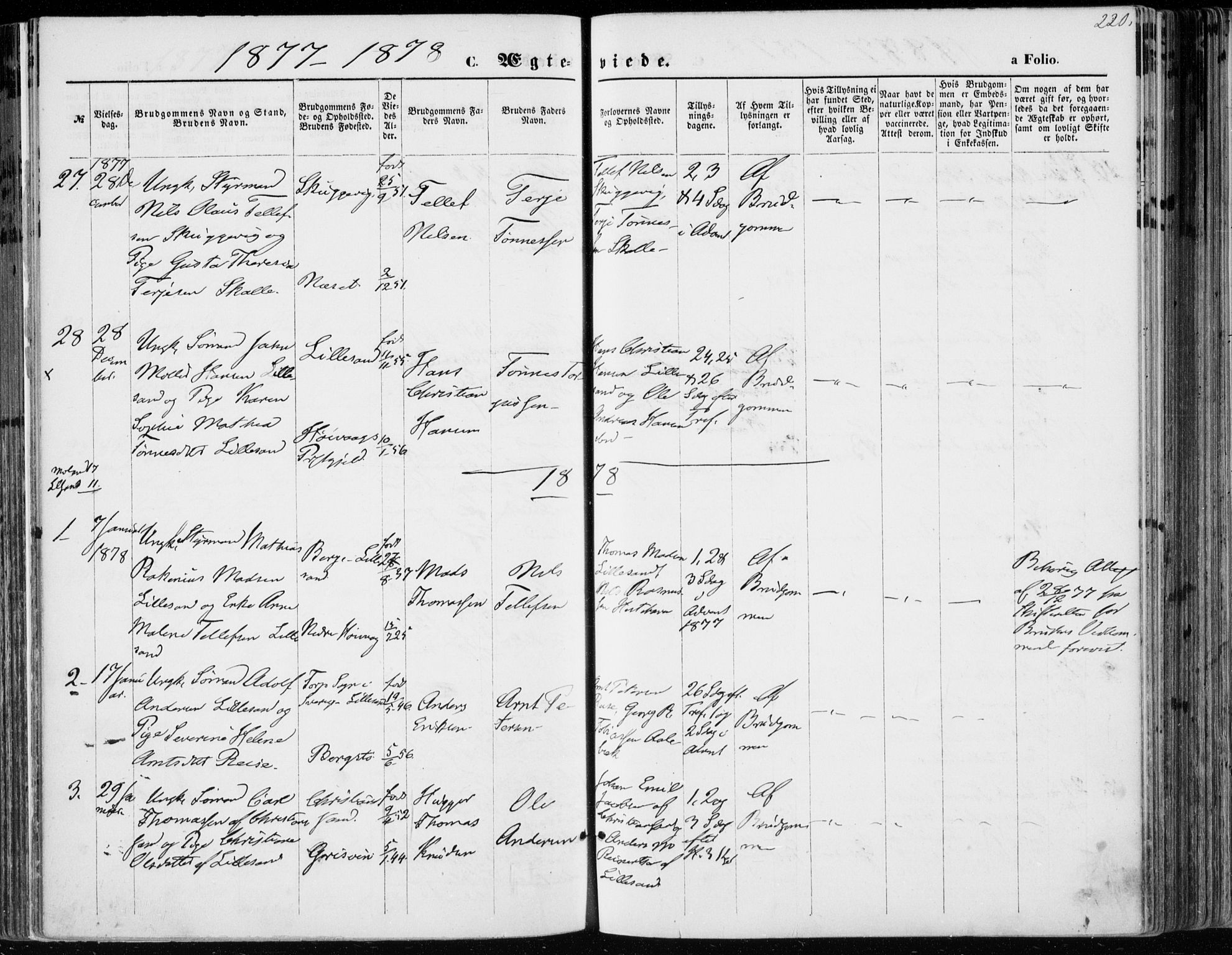 Vestre Moland sokneprestkontor, SAK/1111-0046/F/Fa/Fab/L0008: Parish register (official) no. A 8, 1873-1883, p. 220