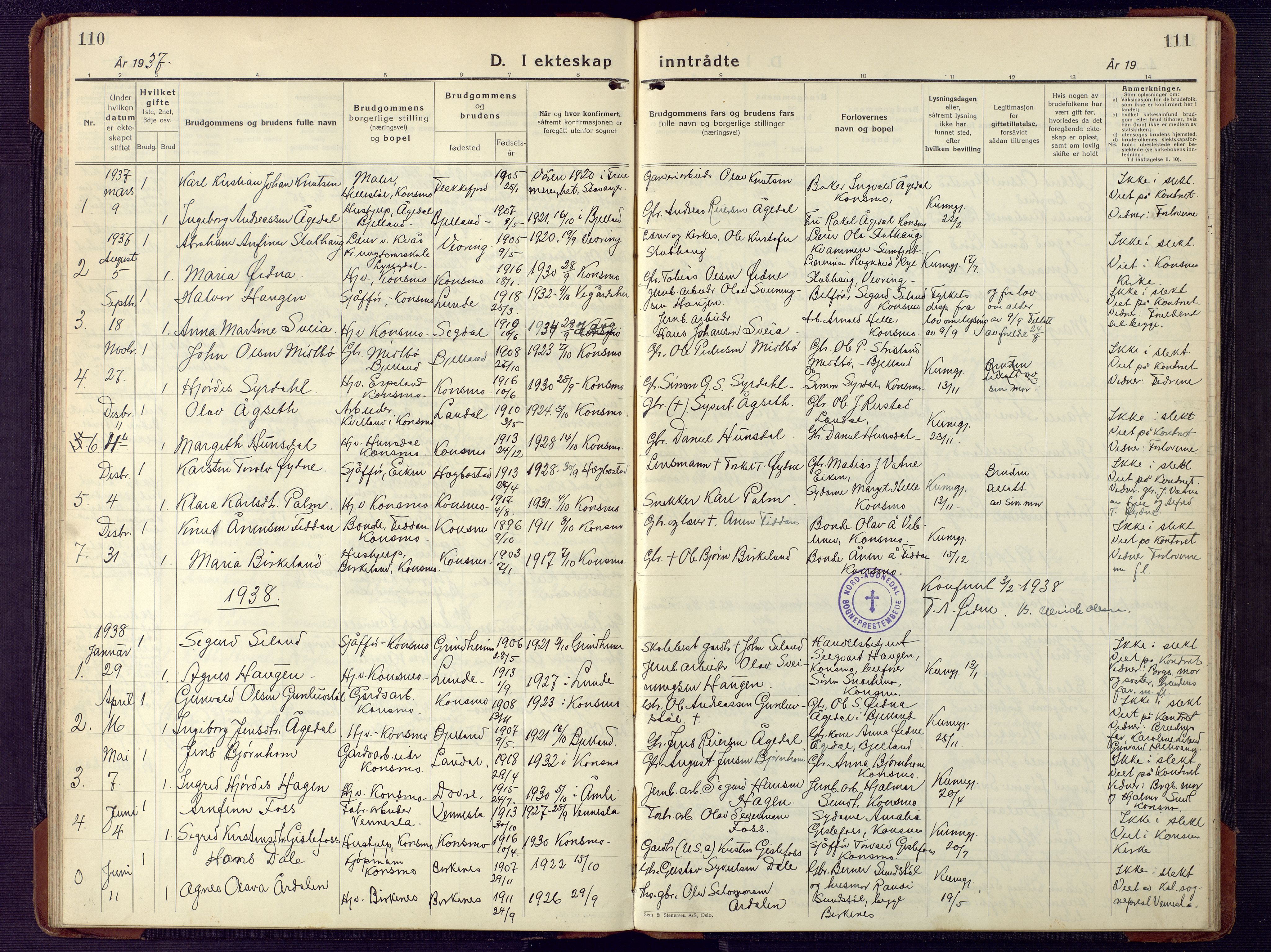 Nord-Audnedal sokneprestkontor, SAK/1111-0032/F/Fb/Fba/L0006: Parish register (copy) no. B 6, 1929-1946, p. 110-111