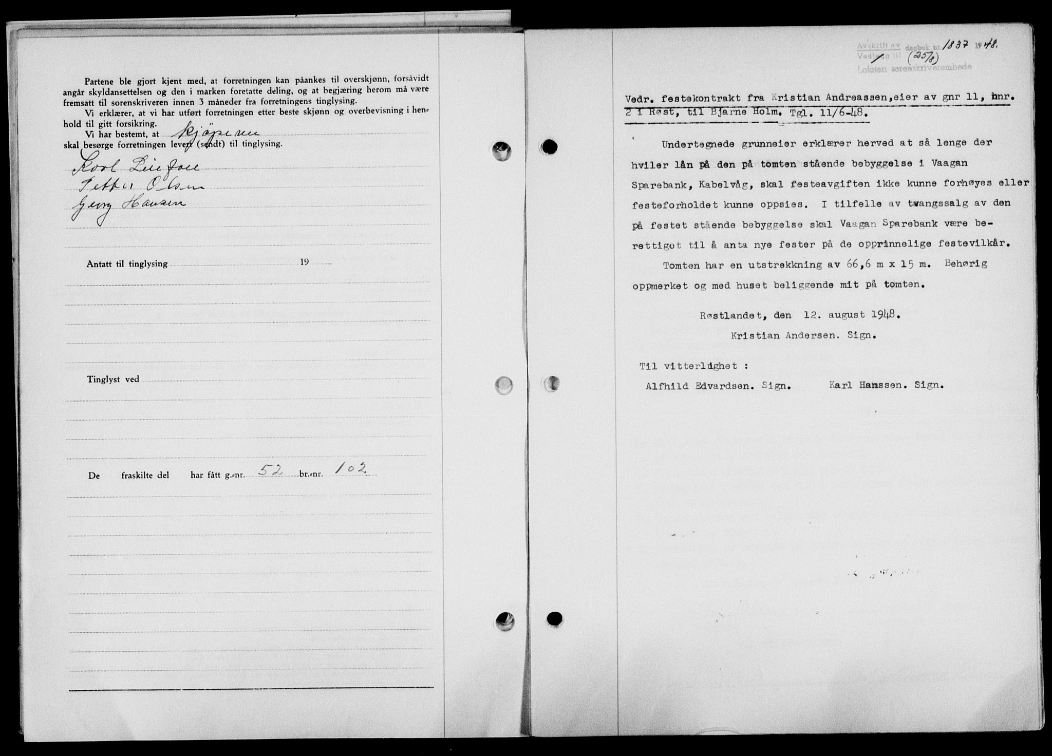 Lofoten sorenskriveri, SAT/A-0017/1/2/2C/L0019a: Mortgage book no. 19a, 1948-1948, Diary no: : 1837/1948