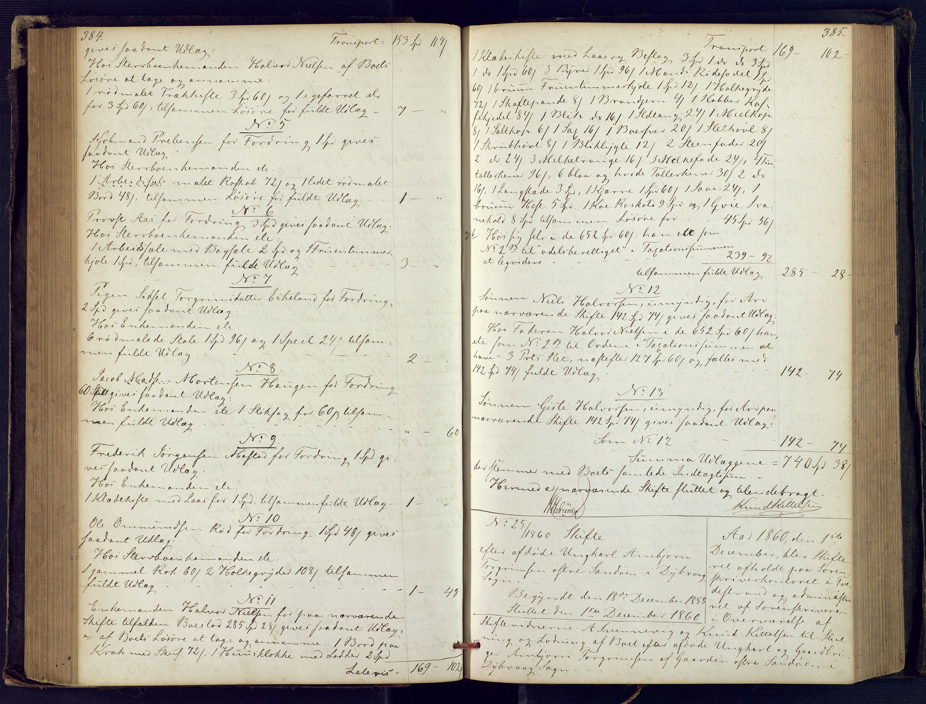 Holt sorenskriveri, SAK/1221-0002/H/Hc/L0029: Skifteutlodningsprotokoll nr. 4 med løst register, 1857-1862, p. 384-385