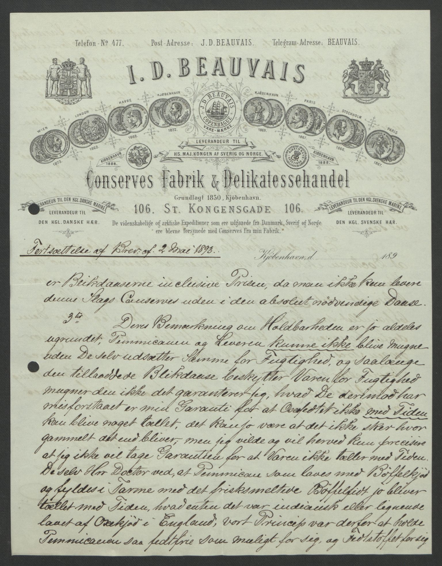 Arbeidskomitéen for Fridtjof Nansens polarekspedisjon, AV/RA-PA-0061/D/L0004: Innk. brev og telegrammer vedr. proviant og utrustning, 1892-1893, p. 610