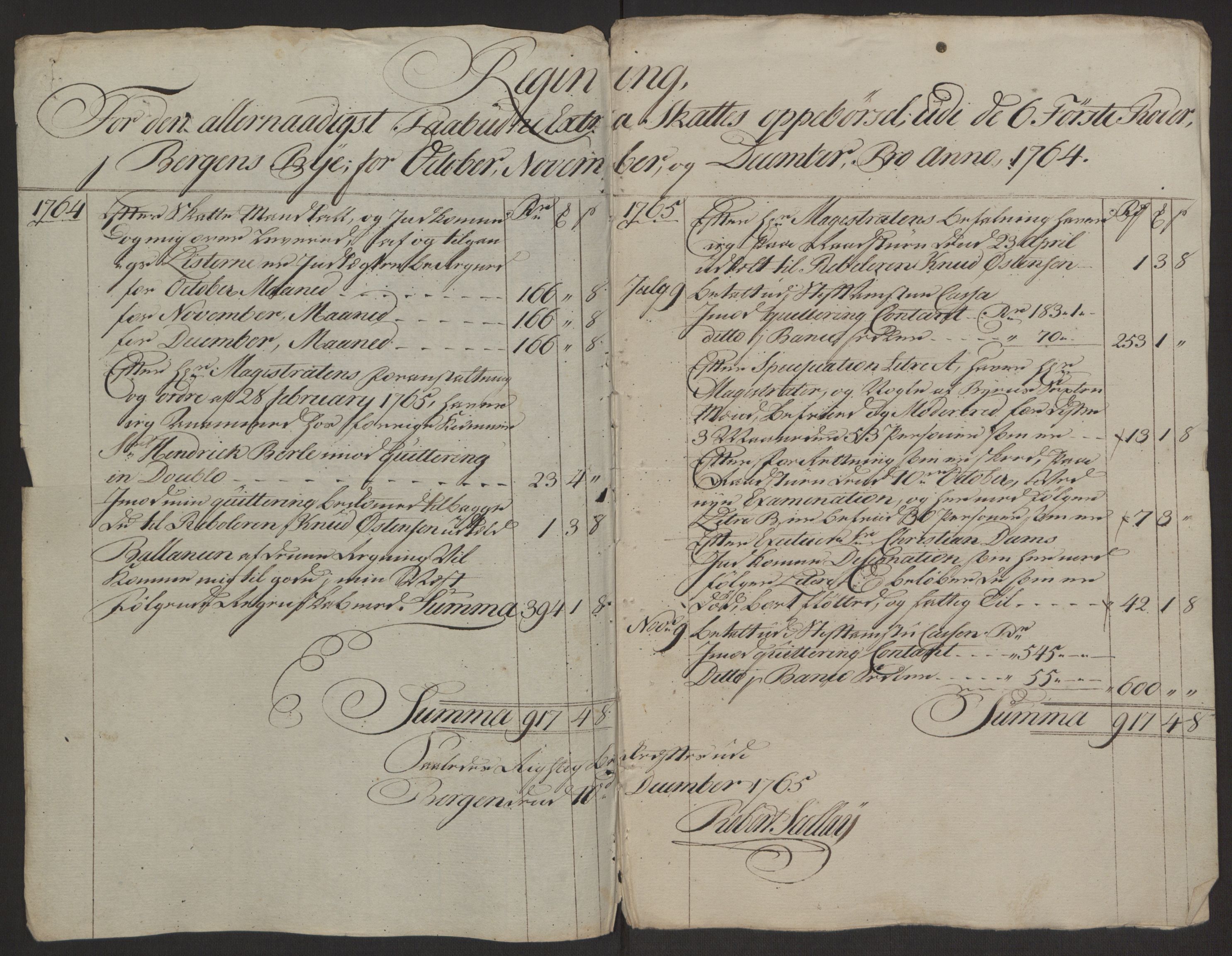 Rentekammeret inntil 1814, Reviderte regnskaper, Byregnskaper, AV/RA-EA-4066/R/Rp/L0367/0001: [P21] Kontribusjonsregnskap / Ekstraskatt, 1764, p. 162