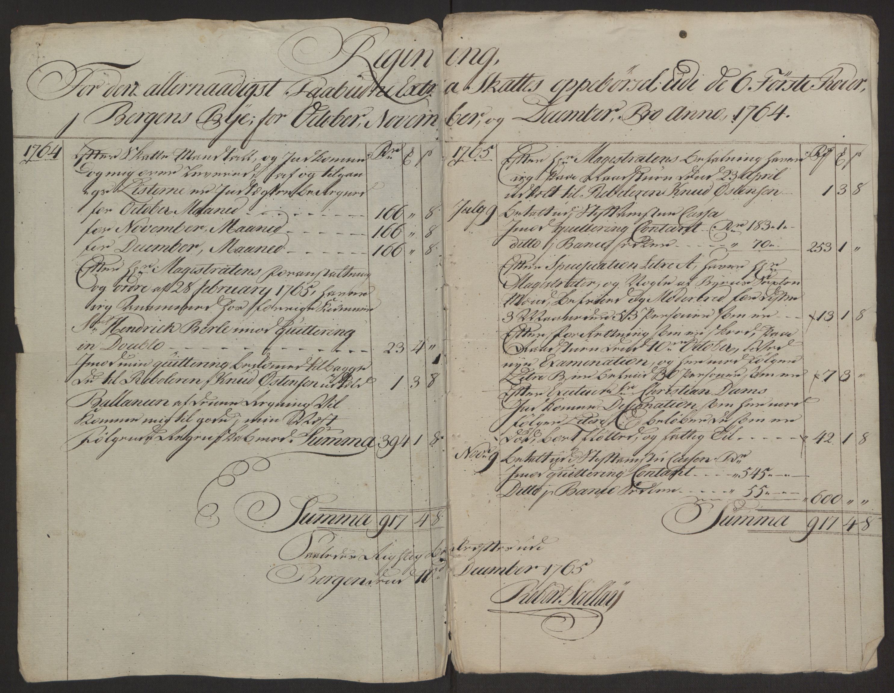 Rentekammeret inntil 1814, Reviderte regnskaper, Byregnskaper, RA/EA-4066/R/Rp/L0367/0001: [P21] Kontribusjonsregnskap / Ekstraskatt, 1764, p. 162