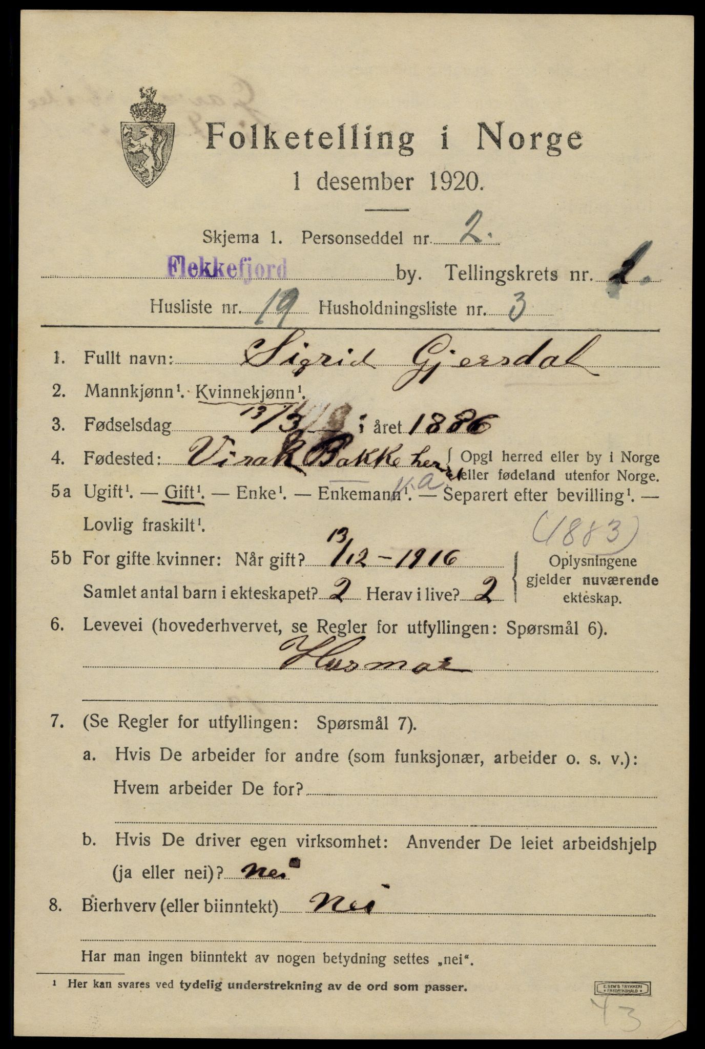 SAK, 1920 census for Flekkefjord, 1920, p. 2082